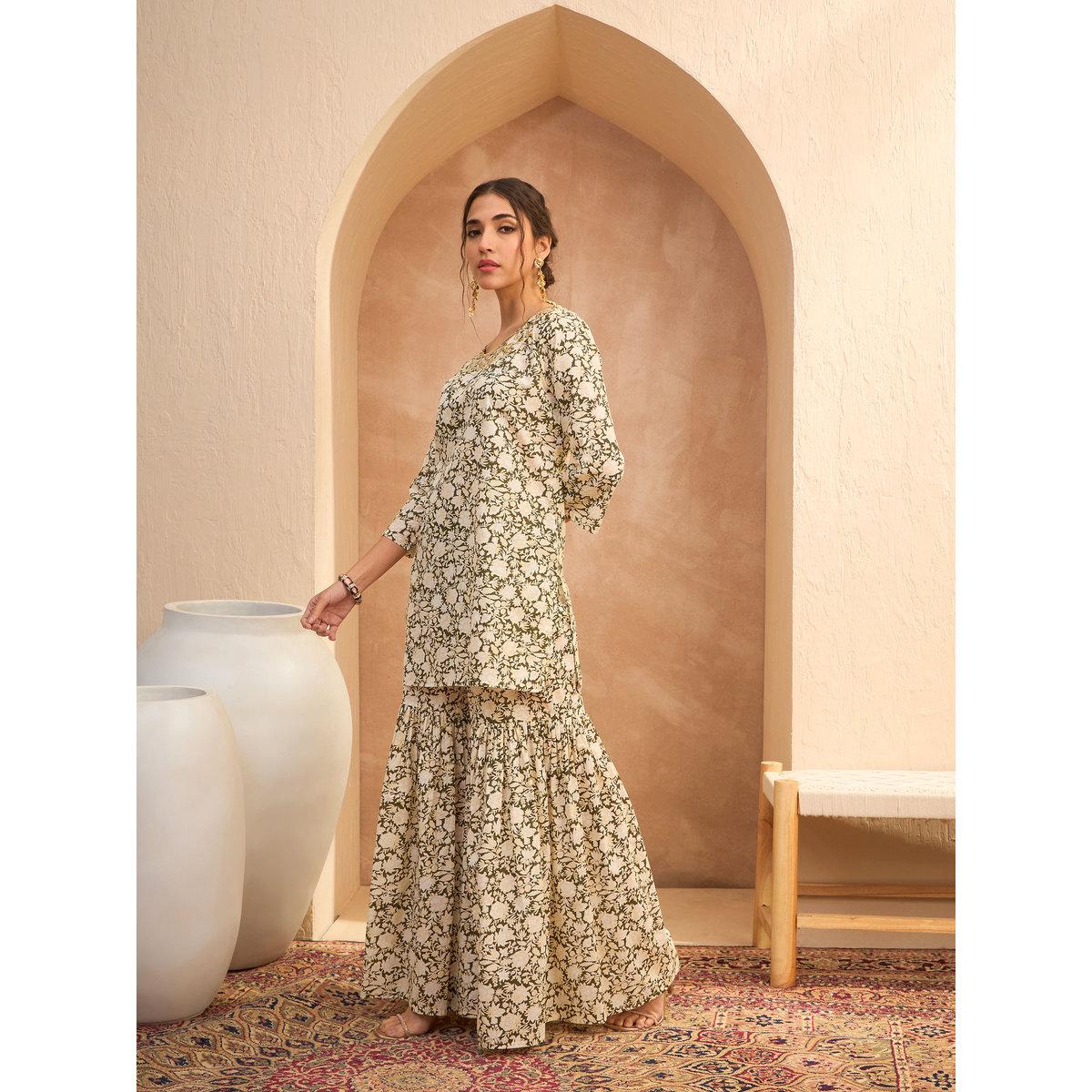 Sassafras Olive Floral Embroidered Kurta and Sharara Set-women-clothing-ethnicwear-kurtasets-image-4