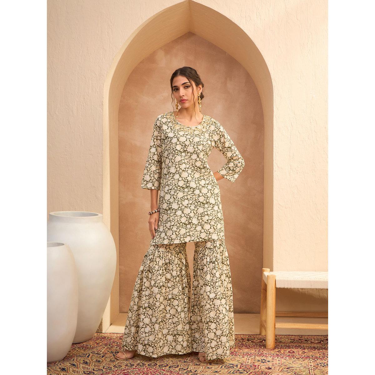Sassafras Olive Floral Embroidered Kurta and Sharara Set-women-clothing-ethnicwear-kurtasets-image-9