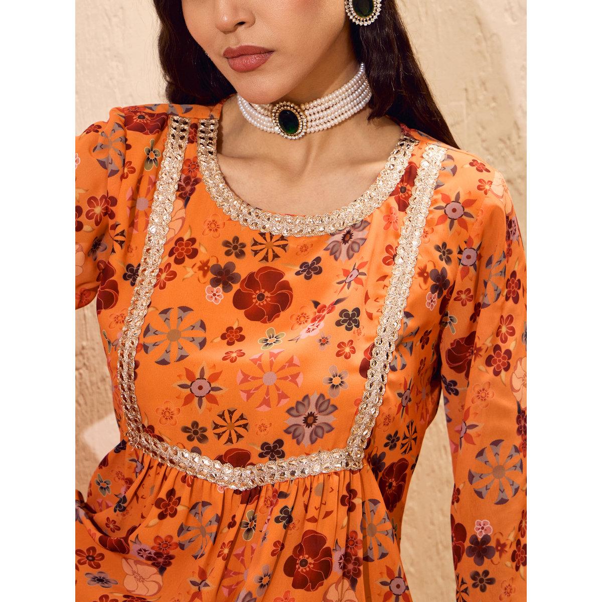 Sassafras Orange Floral Print Kurta and Sharara Set-women-clothing-ethnicwear-kurtasets-image-4