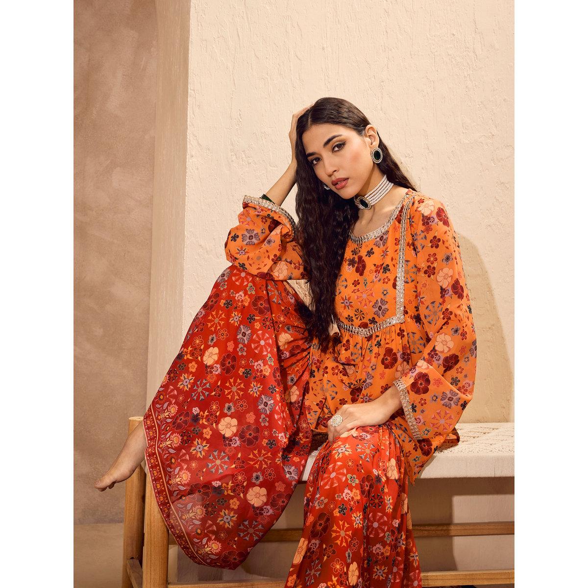 Sassafras Orange Floral Print Kurta and Sharara Set-women-clothing-ethnicwear-kurtasets-image-5