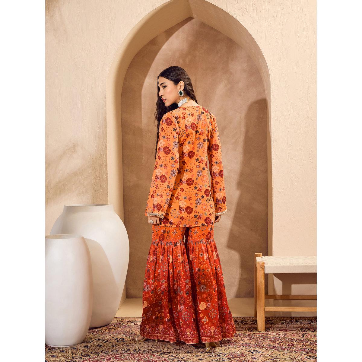 Sassafras Orange Floral Print Kurta and Sharara Set-women-clothing-ethnicwear-kurtasets-image-6