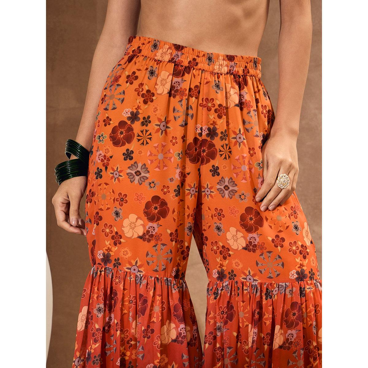 Sassafras Orange Floral Print Kurta and Sharara Set-women-clothing-ethnicwear-kurtasets-image-8