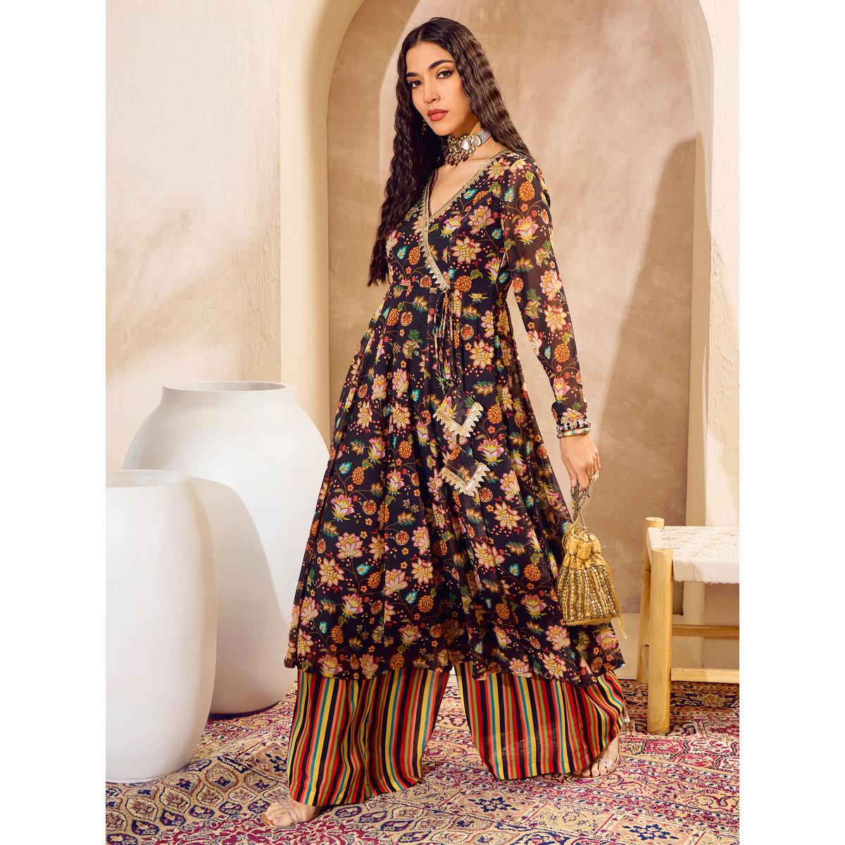 طقم من كورتا بطبعة زهور مع بنطال بالازو-women-clothing-ethnicwear-kurtasets-image-1