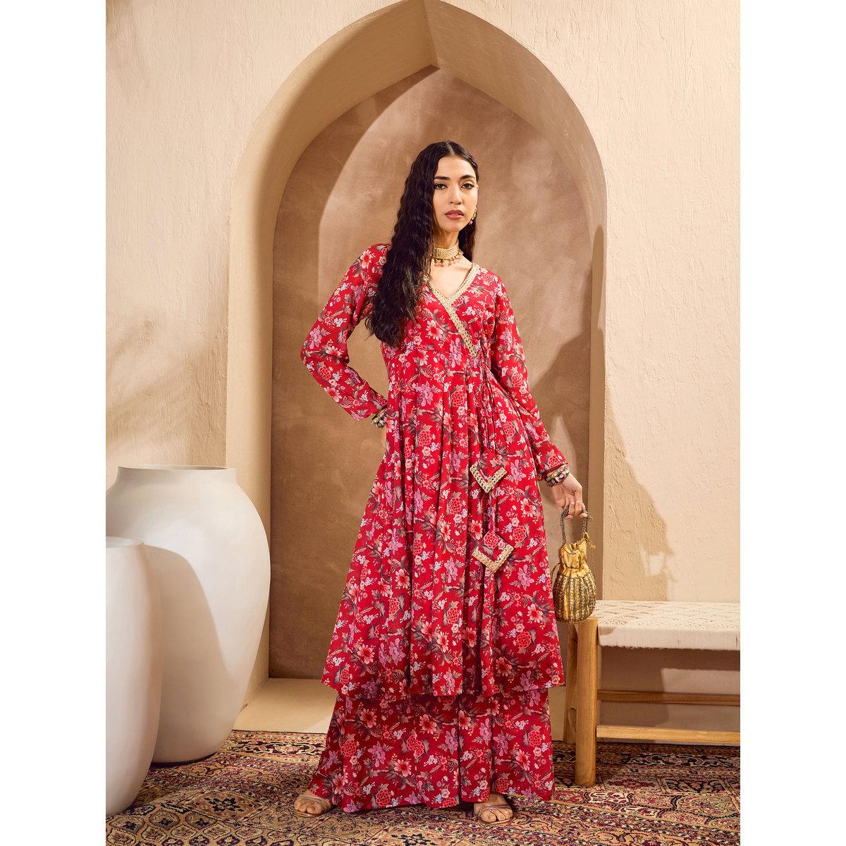 طقم من كورتا بطبعة زهور مع بنطال بالازو-women-clothing-ethnicwear-kurtasets-image-7
