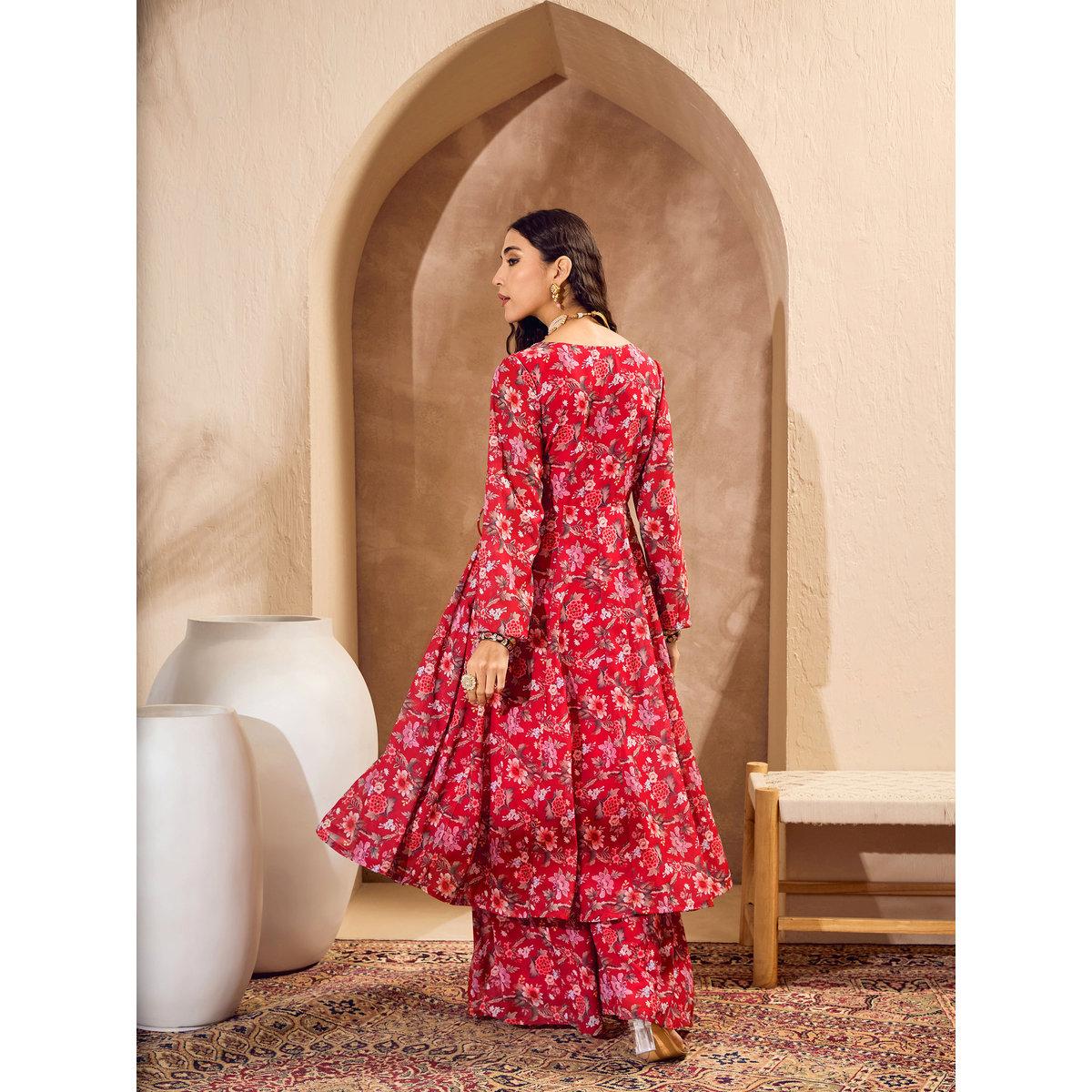 طقم من كورتا بطبعة زهور مع بنطال بالازو-women-clothing-ethnicwear-kurtasets-image-8