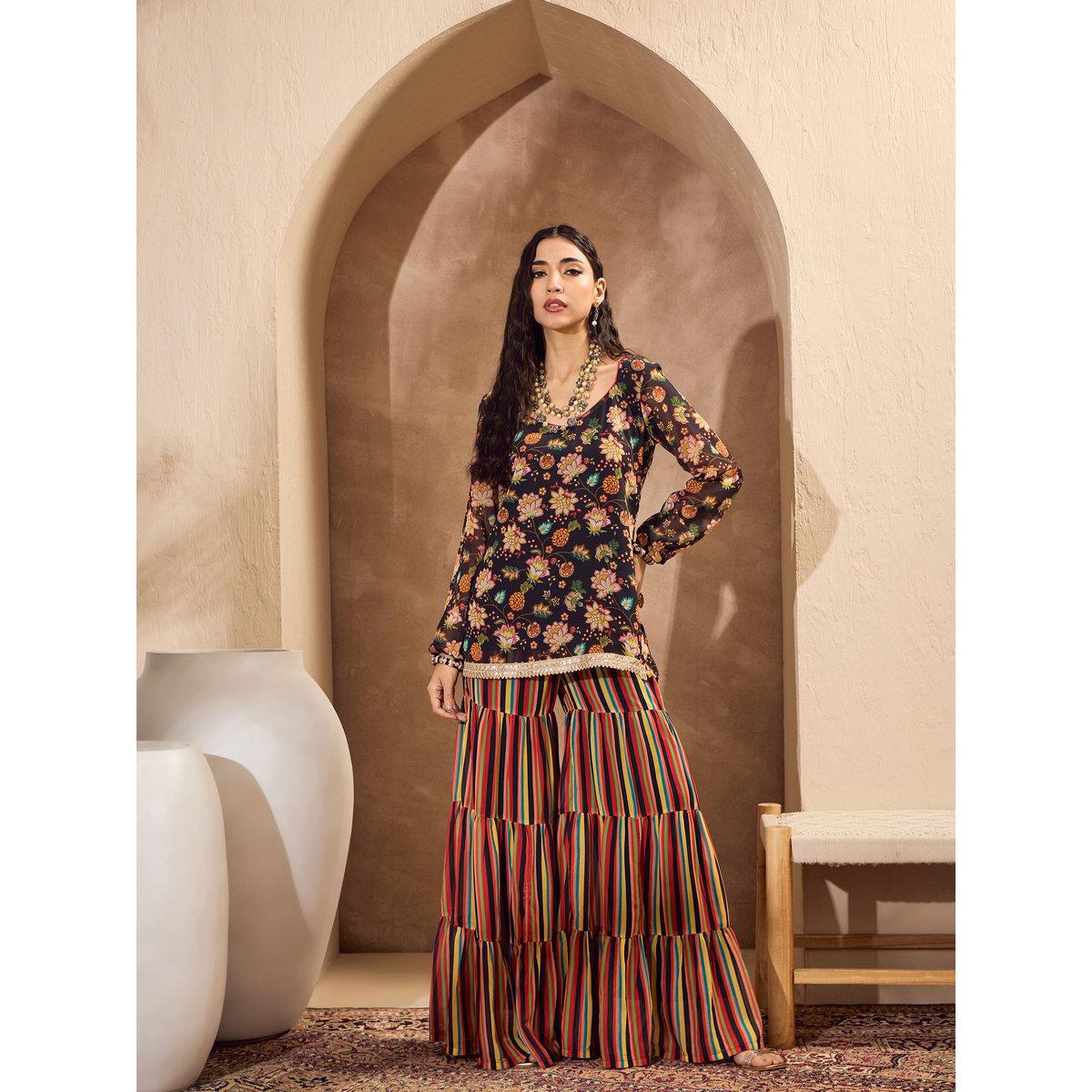 Sassafras Floral Print Kurta and Tiered Sharara Pants Set-women-clothing-ethnicwear-kurtasets-image-12