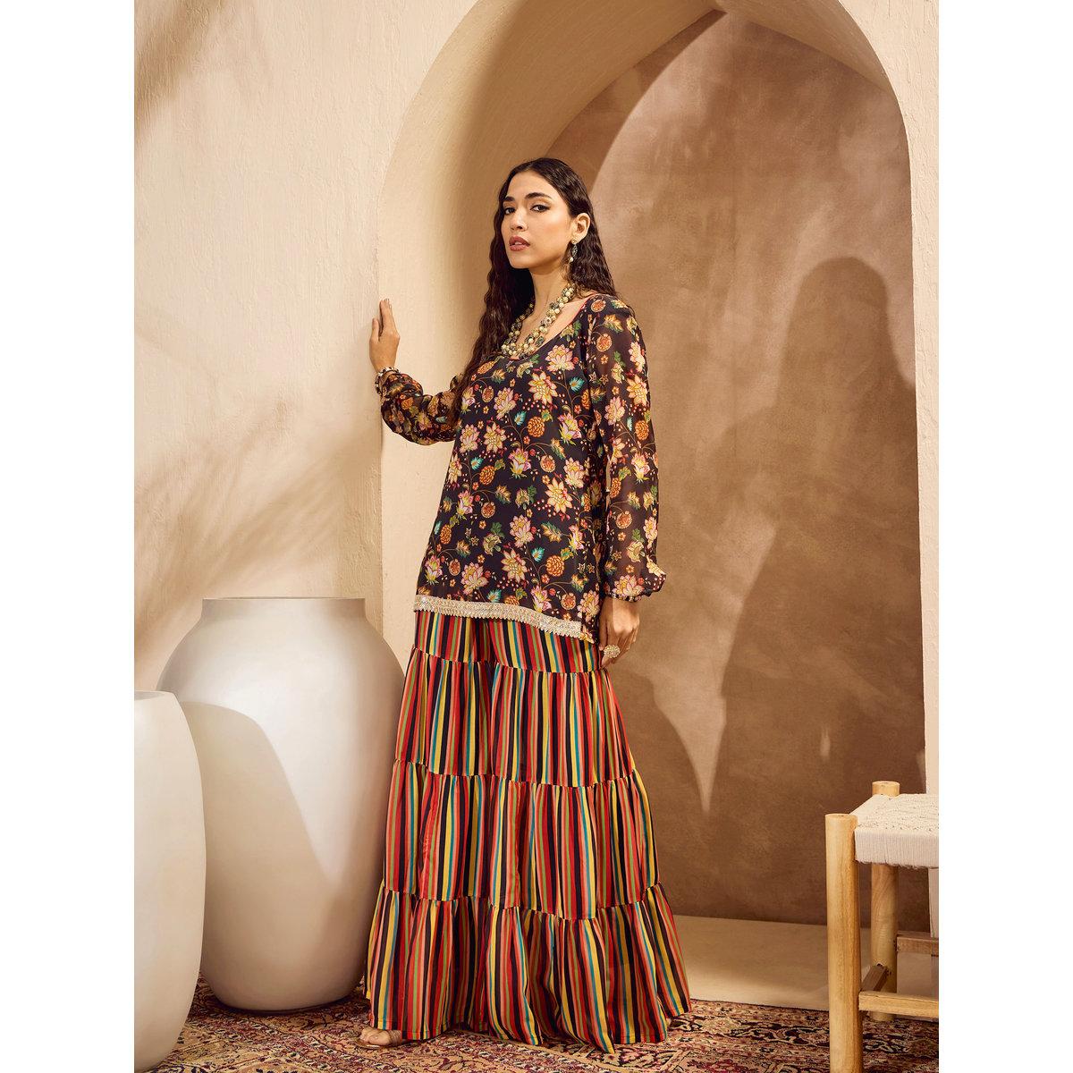 Sassafras Floral Print Kurta and Tiered Sharara Pants Set-women-clothing-ethnicwear-kurtasets-image-13