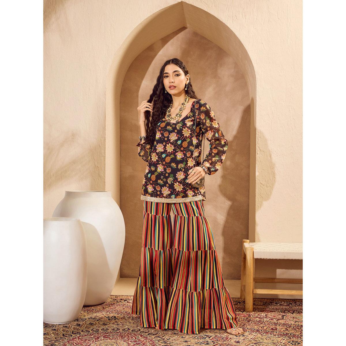 Sassafras Floral Print Kurta and Tiered Sharara Pants Set-women-clothing-ethnicwear-kurtasets-image-3