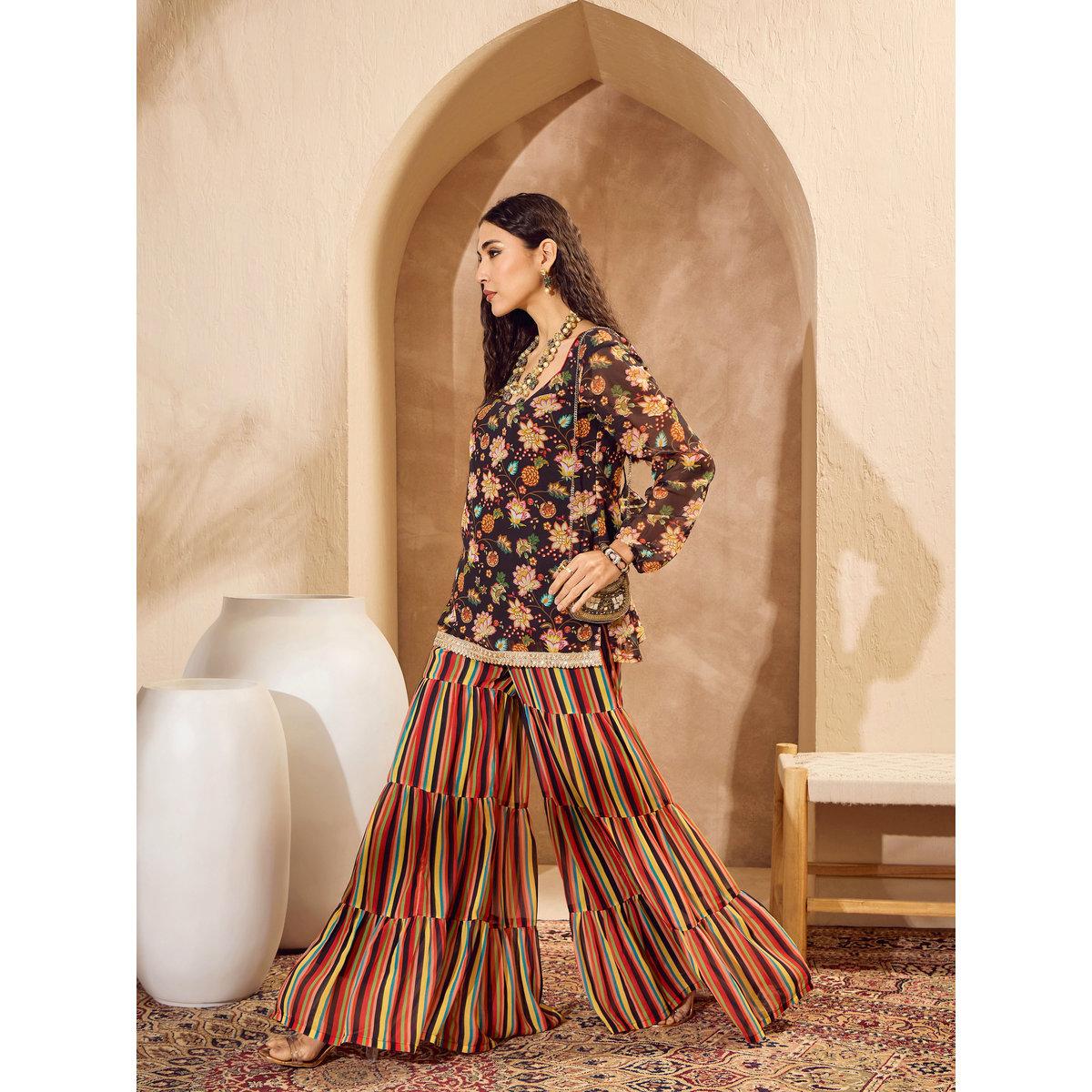 Sassafras Floral Print Kurta and Tiered Sharara Pants Set-women-clothing-ethnicwear-kurtasets-image-4