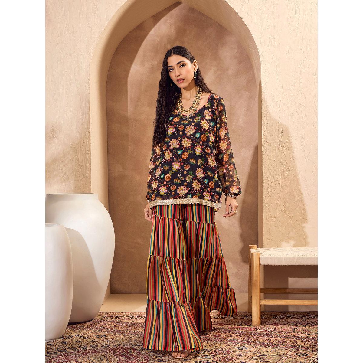 Sassafras Floral Print Kurta and Tiered Sharara Pants Set-women-clothing-ethnicwear-kurtasets-image-6