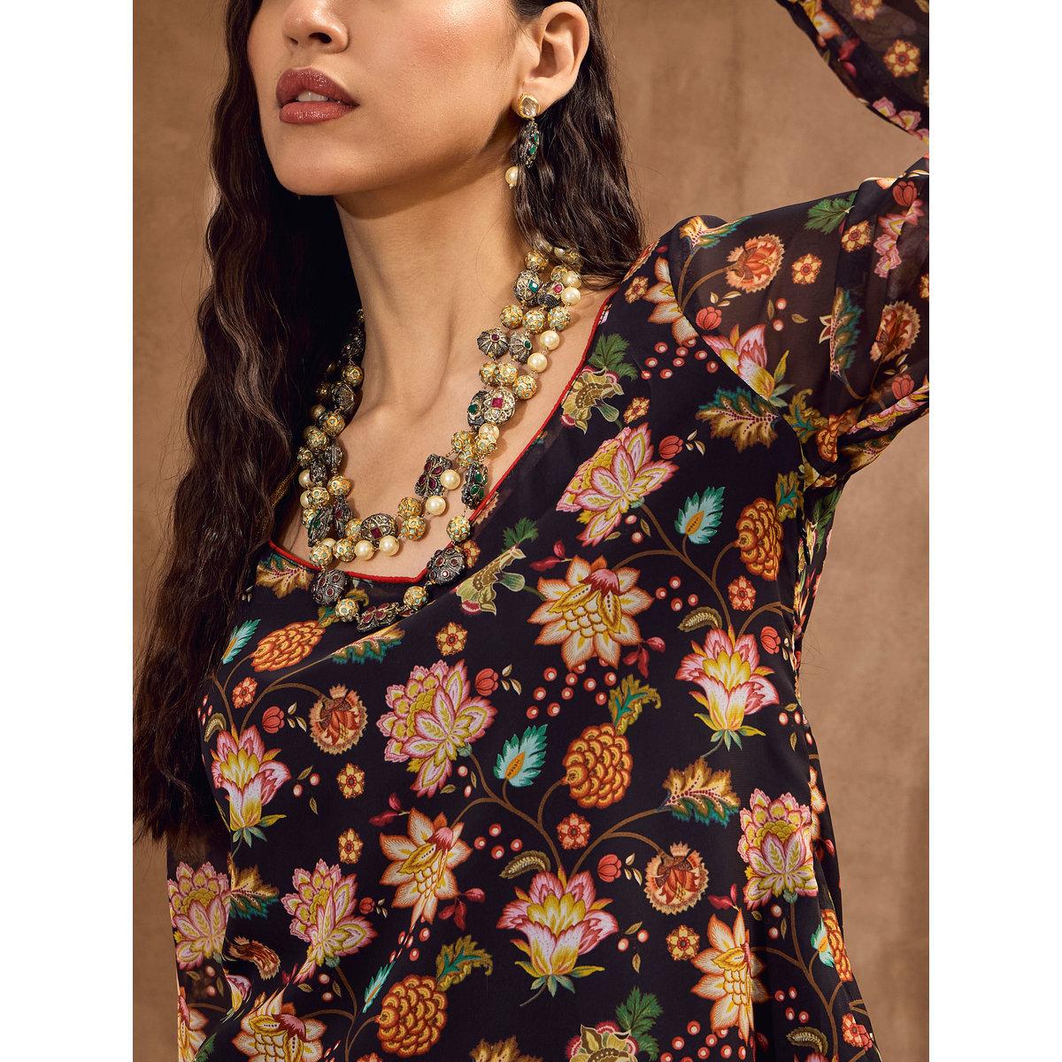 طقم من كورتا بطبعة زهور وبنطال شرارة بتفاصيل كسرات-women-clothing-ethnicwear-kurtasets-image-8
