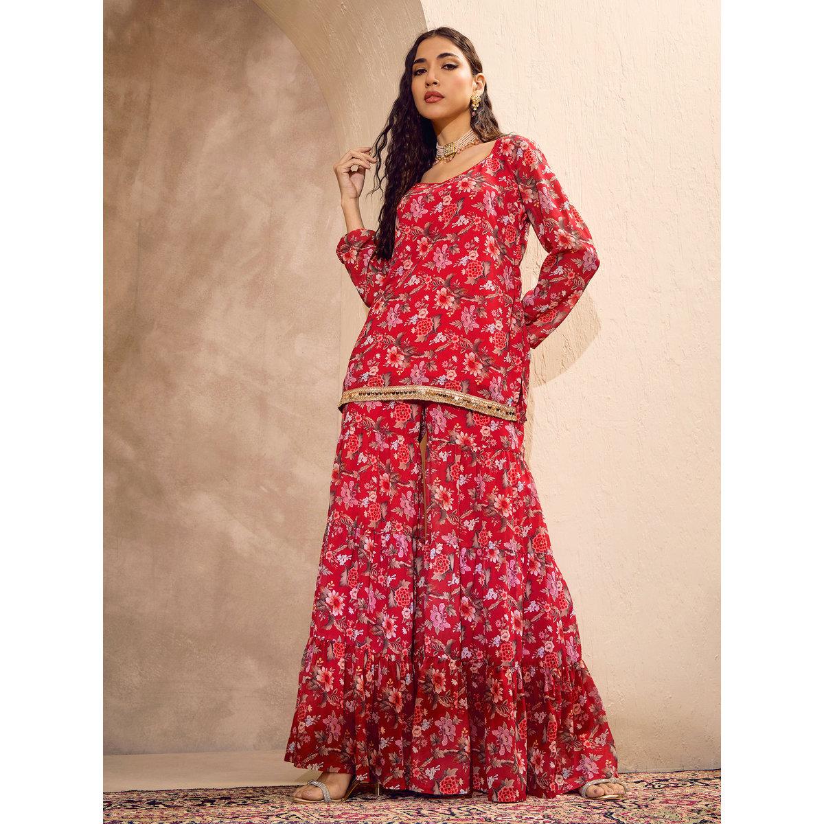 Sassafras Red Floral Print Kurta and Tiered Sharara Set-women-clothing-ethnicwear-kurtasets-image-1