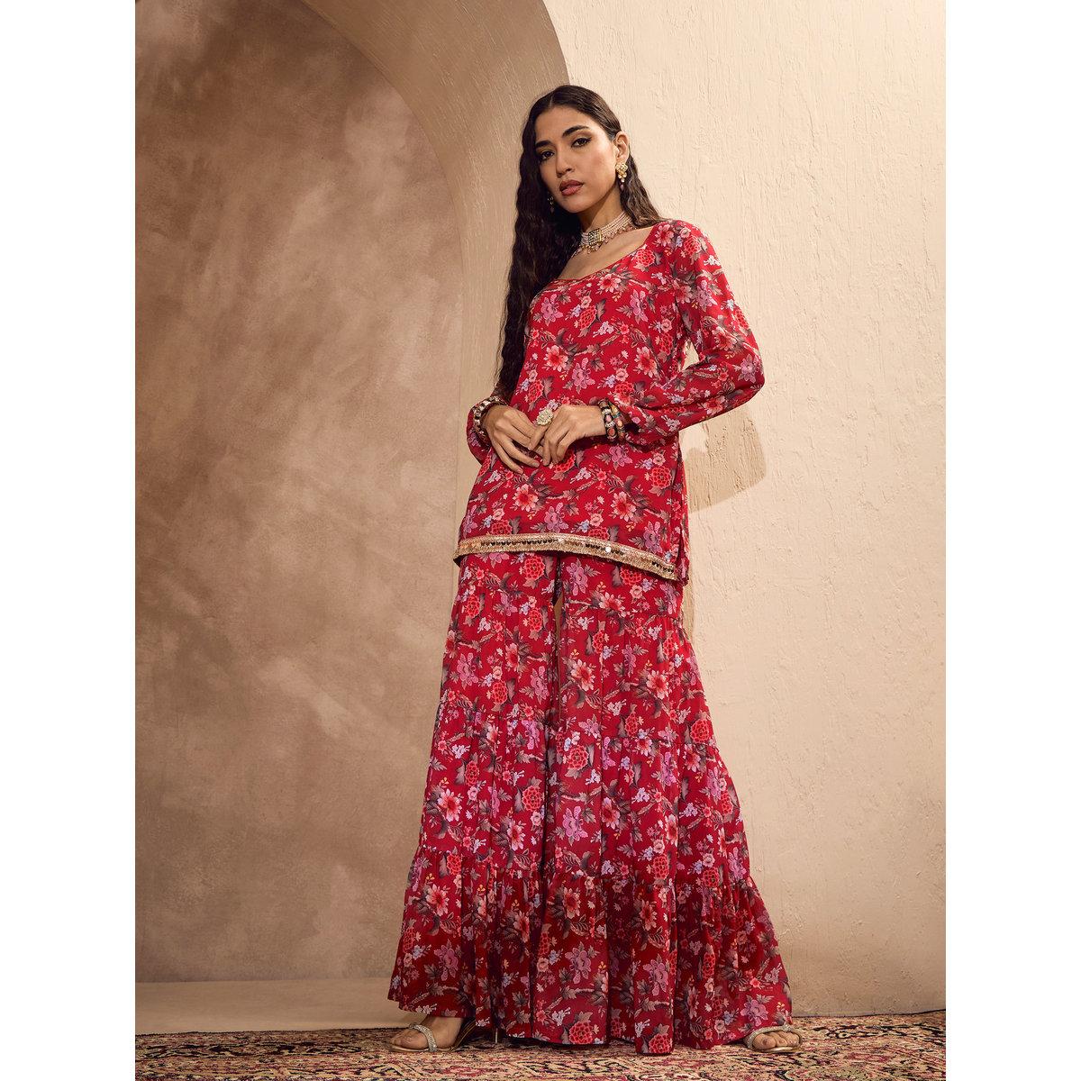 Sassafras Red Floral Print Kurta and Tiered Sharara Set-women-clothing-ethnicwear-kurtasets-image-2