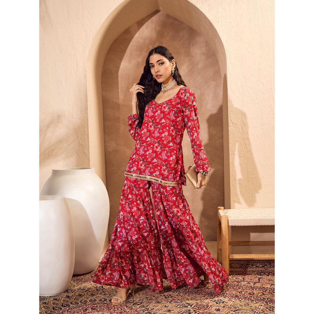 Sassafras Red Floral Print Kurta and Tiered Sharara Set-women-clothing-ethnicwear-kurtasets-image-4