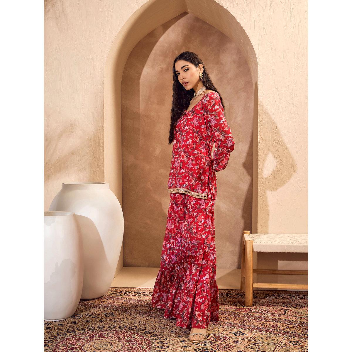 Sassafras Red Floral Print Kurta and Tiered Sharara Set-women-clothing-ethnicwear-kurtasets-image-5