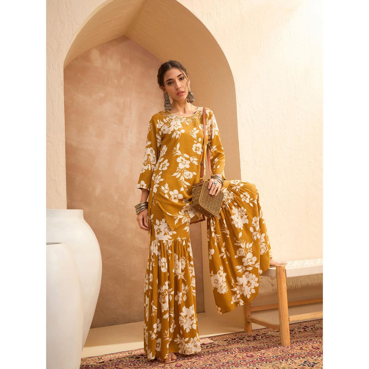 Sassafras Mustard Floral Embroidered Kurta and Sharara Set-women-clothing-ethnicwear-kurtasets-image-2