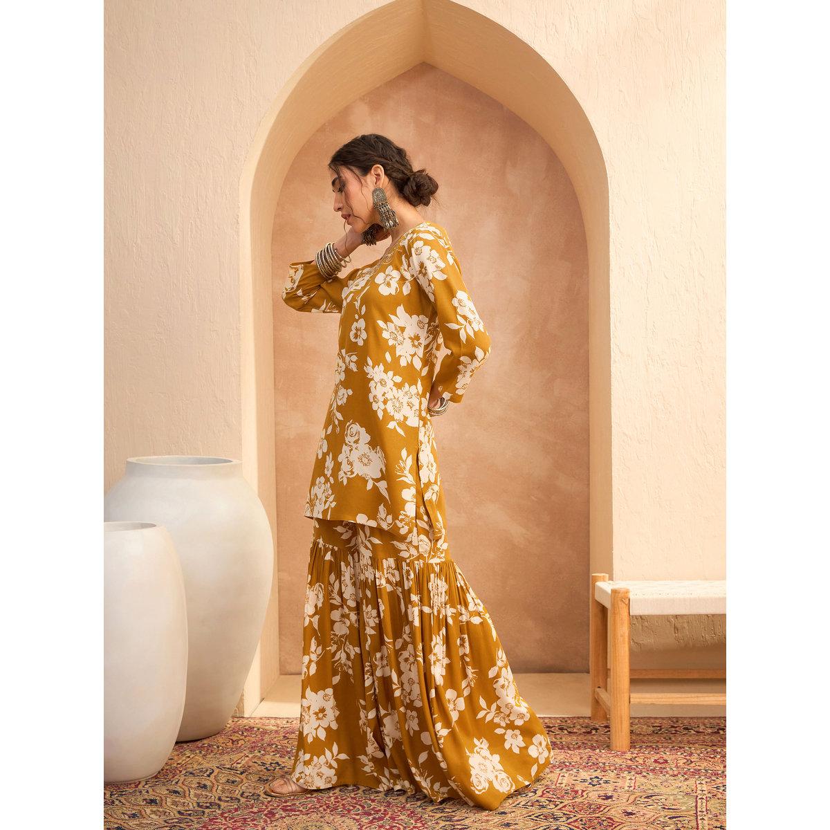 Sassafras Mustard Floral Embroidered Kurta and Sharara Set-women-clothing-ethnicwear-kurtasets-image-3