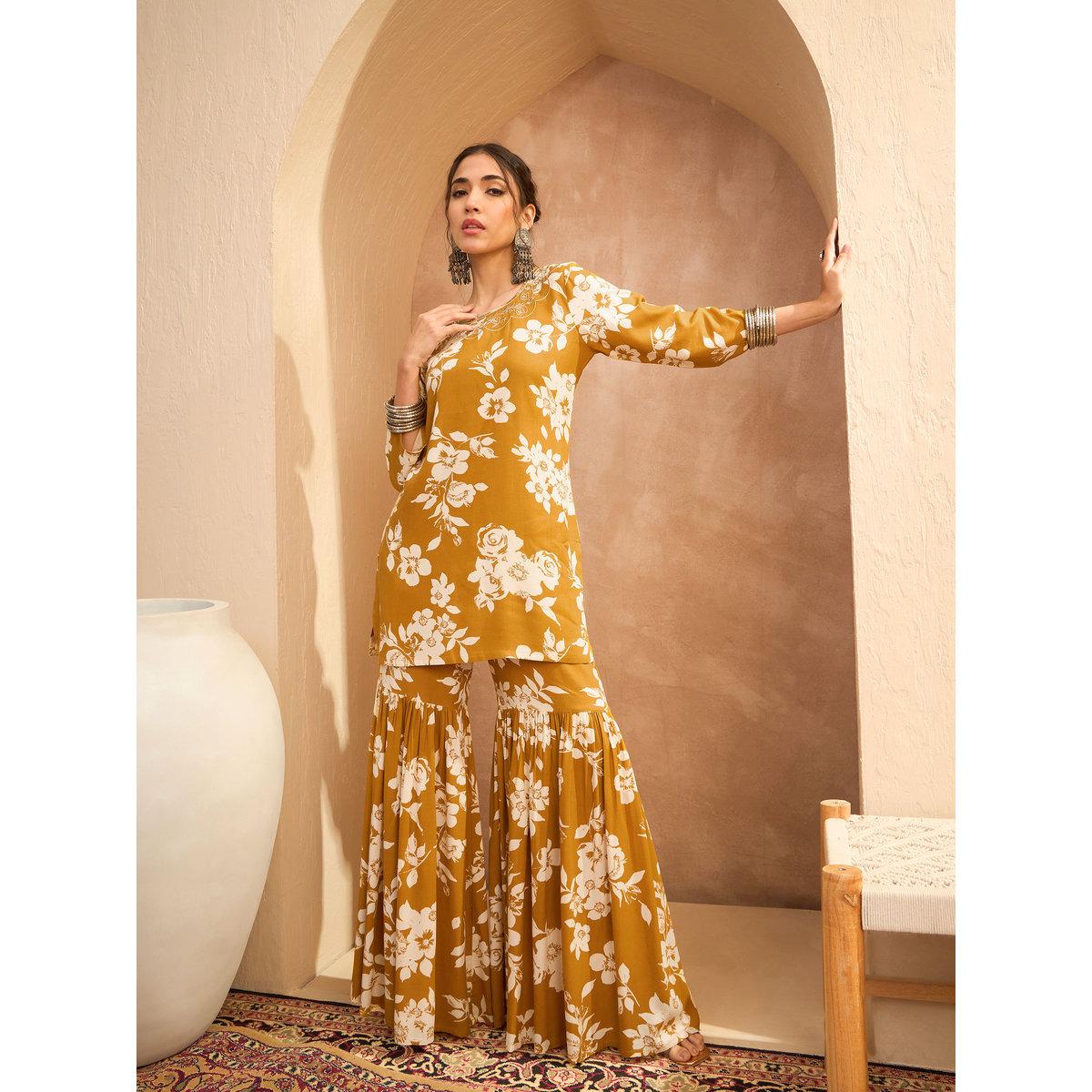 Sassafras Mustard Floral Embroidered Kurta and Sharara Set-women-clothing-ethnicwear-kurtasets-image-9