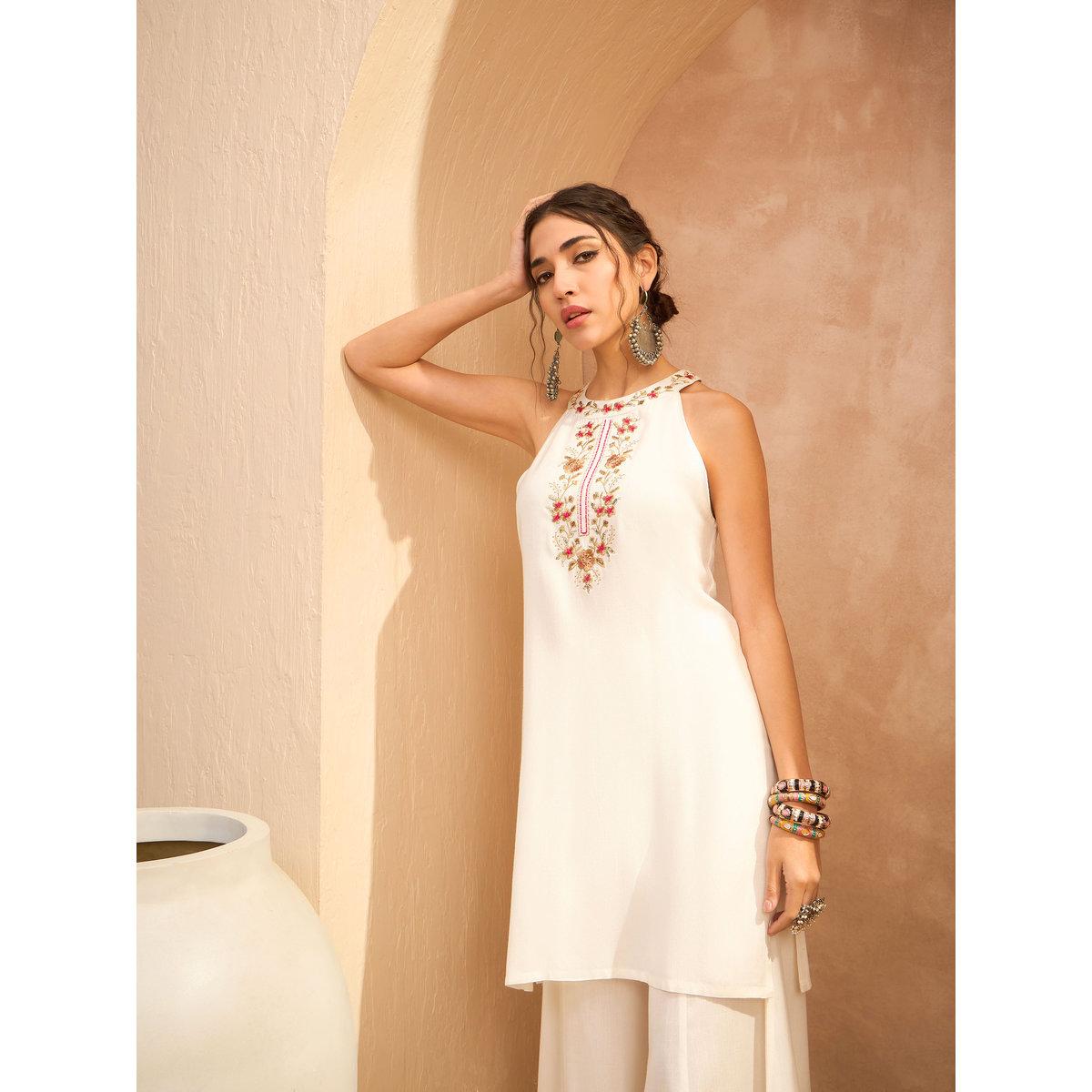 Sassafras White Embroidered Halter Kurta and Palazzo Pants Set-women-clothing-ethnicwear-kurtasets-image-3
