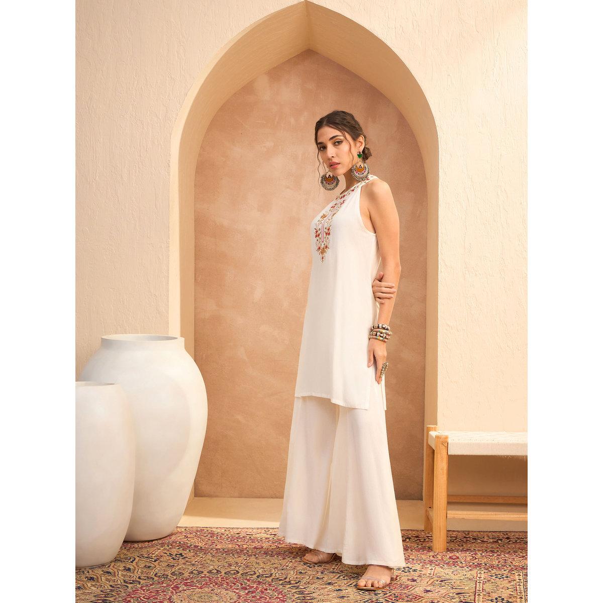 Sassafras White Embroidered Halter Kurta and Palazzo Pants Set-women-clothing-ethnicwear-kurtasets-image-4