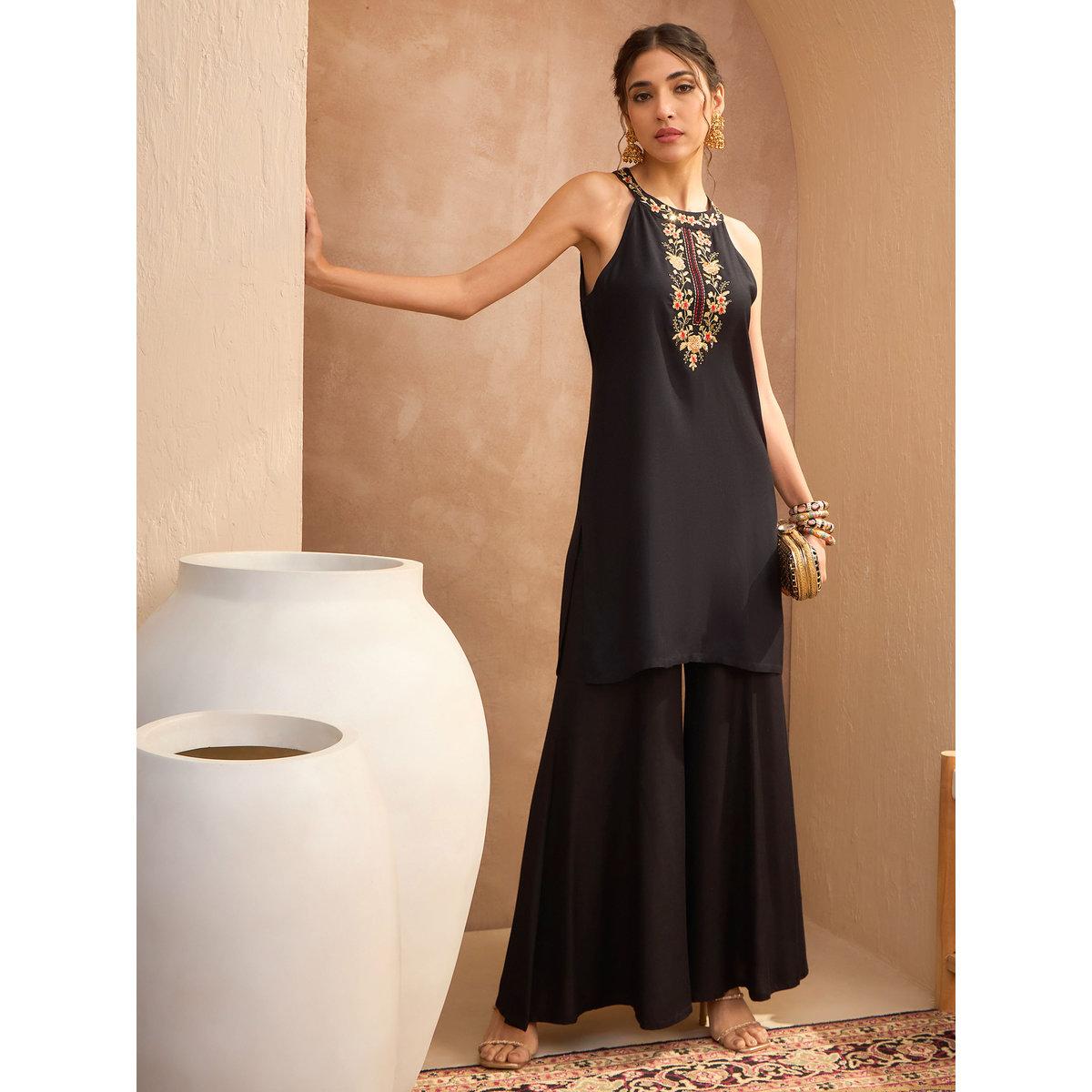 Sassafras Black Embroidered Halter Kurta and Palazzo Pants Set-women-clothing-ethnicwear-kurtasets-image-1