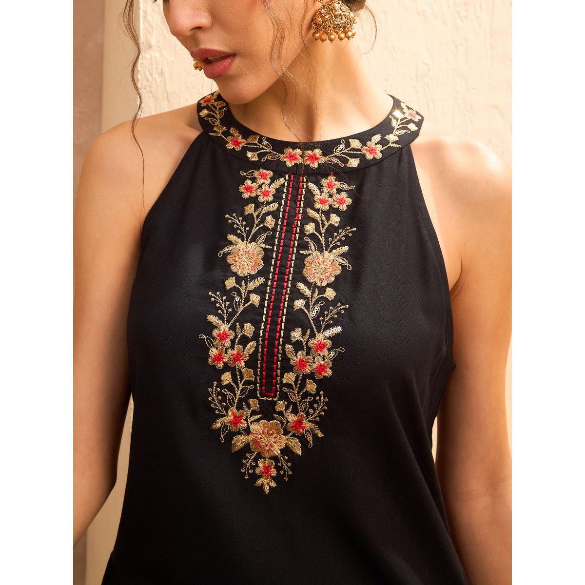 Sassafras Black Embroidered Halter Kurta and Palazzo Pants Set-women-clothing-ethnicwear-kurtasets-image-4