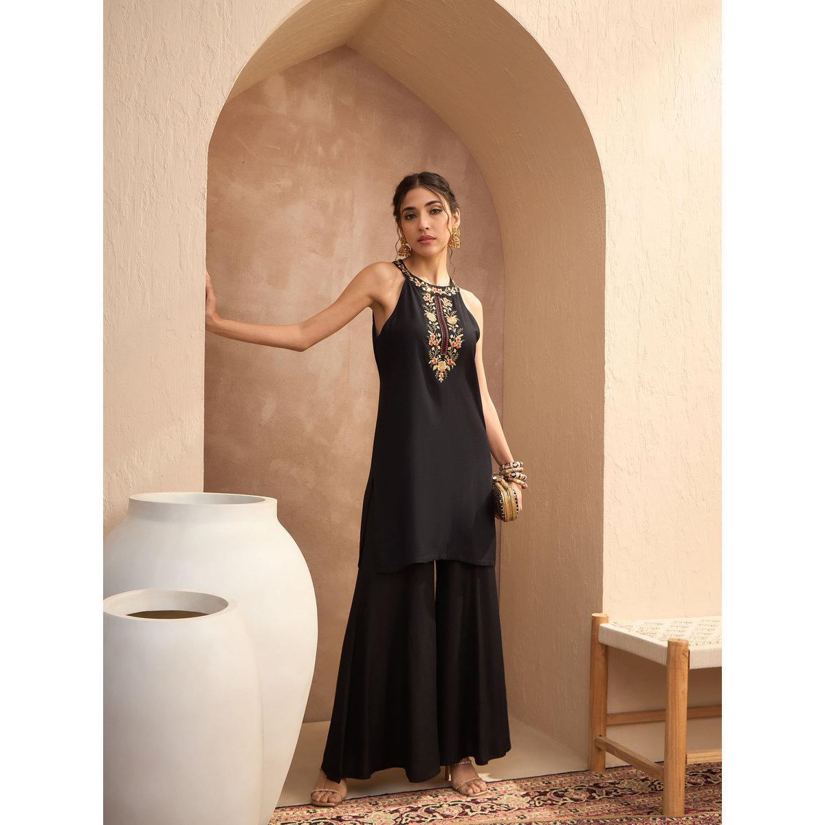 Sassafras Black Embroidered Halter Kurta and Palazzo Pants Set-women-clothing-ethnicwear-kurtasets-image-9