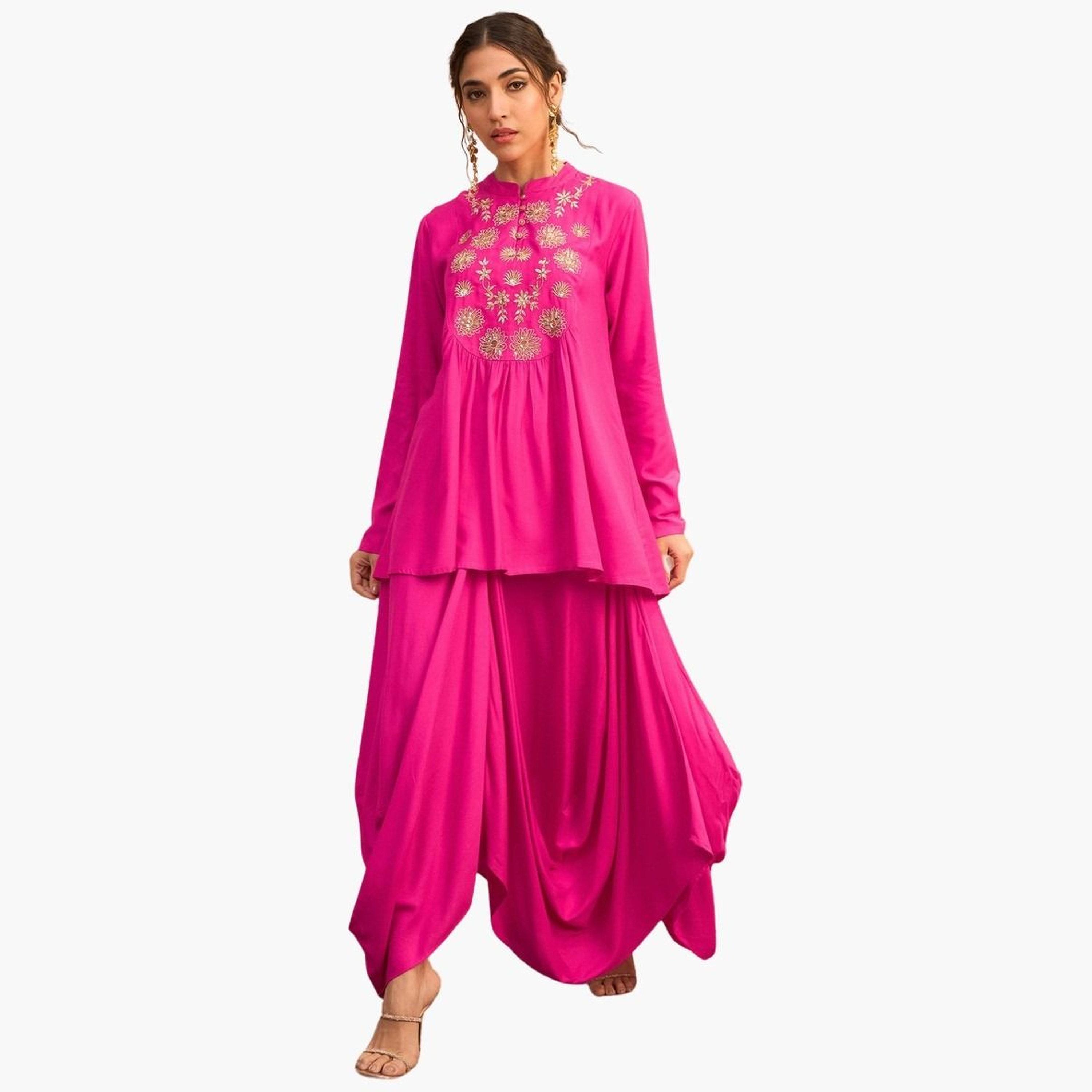 Sassafras Women Fuchsia Embroidered Peplum Top with Dhoti Skirt Set-women-clothing-ethnicwear-kurtasets-image-1