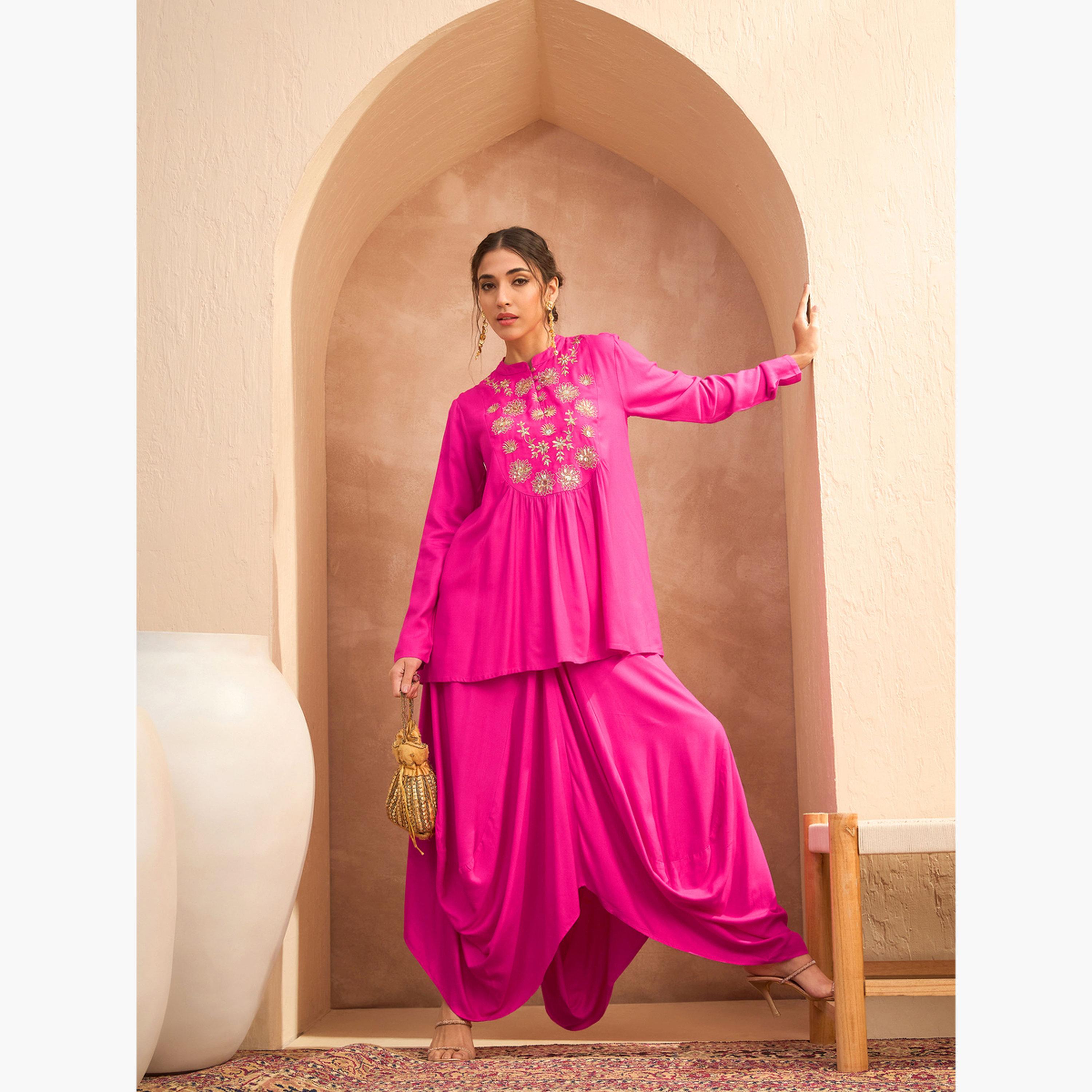 Sassafras Women Fuchsia Embroidered Peplum Top with Dhoti Skirt Set-women-clothing-ethnicwear-kurtasets-image-2