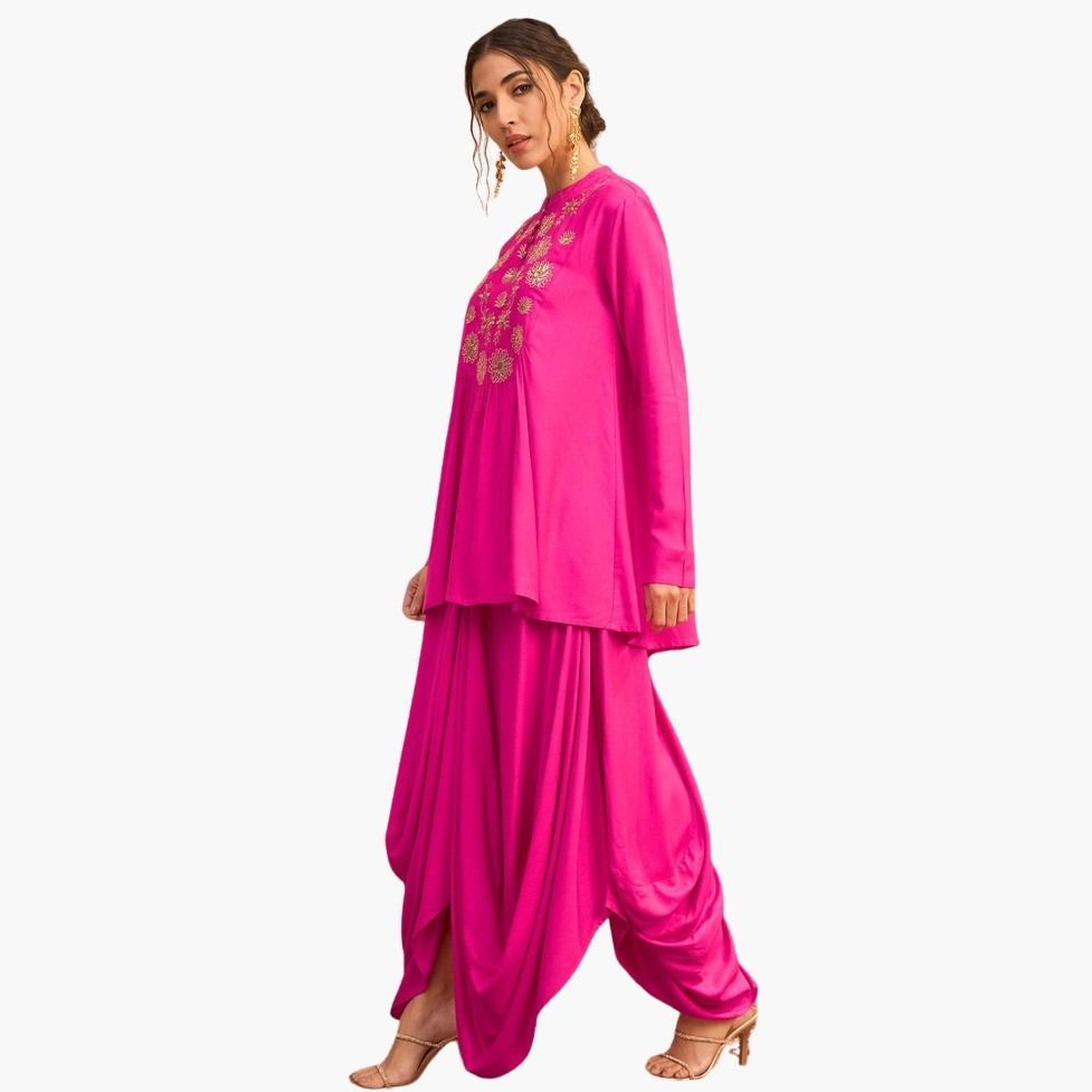 Sassafras Women Fuchsia Embroidered Peplum Top with Dhoti Skirt Set-women-clothing-ethnicwear-kurtasets-image-3