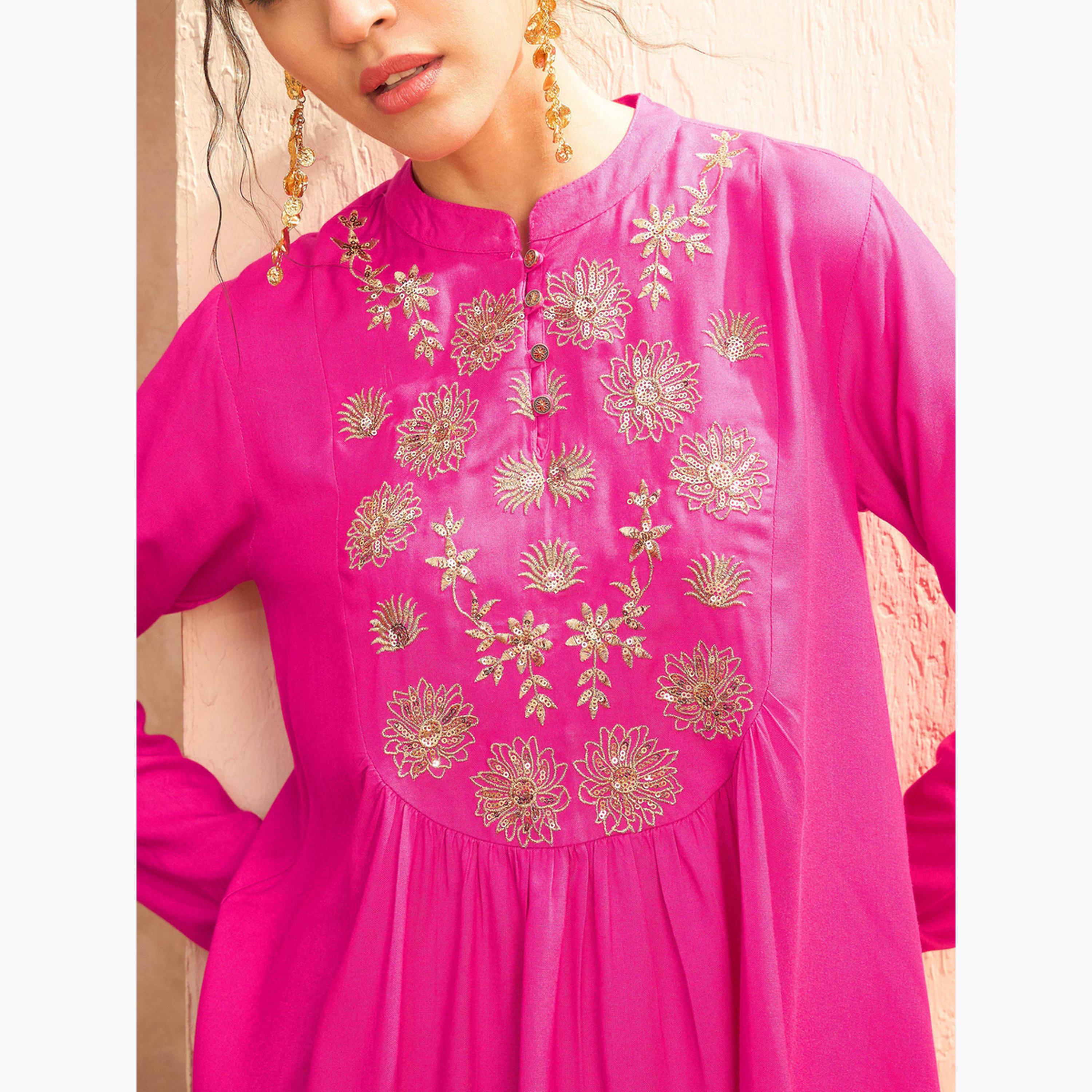 ساسافراس - طقم بلوزة ببلوم مطرزة باللون الفوشيا مع تنورة دوتي للنساء-women-clothing-ethnicwear-kurtasets-image-6