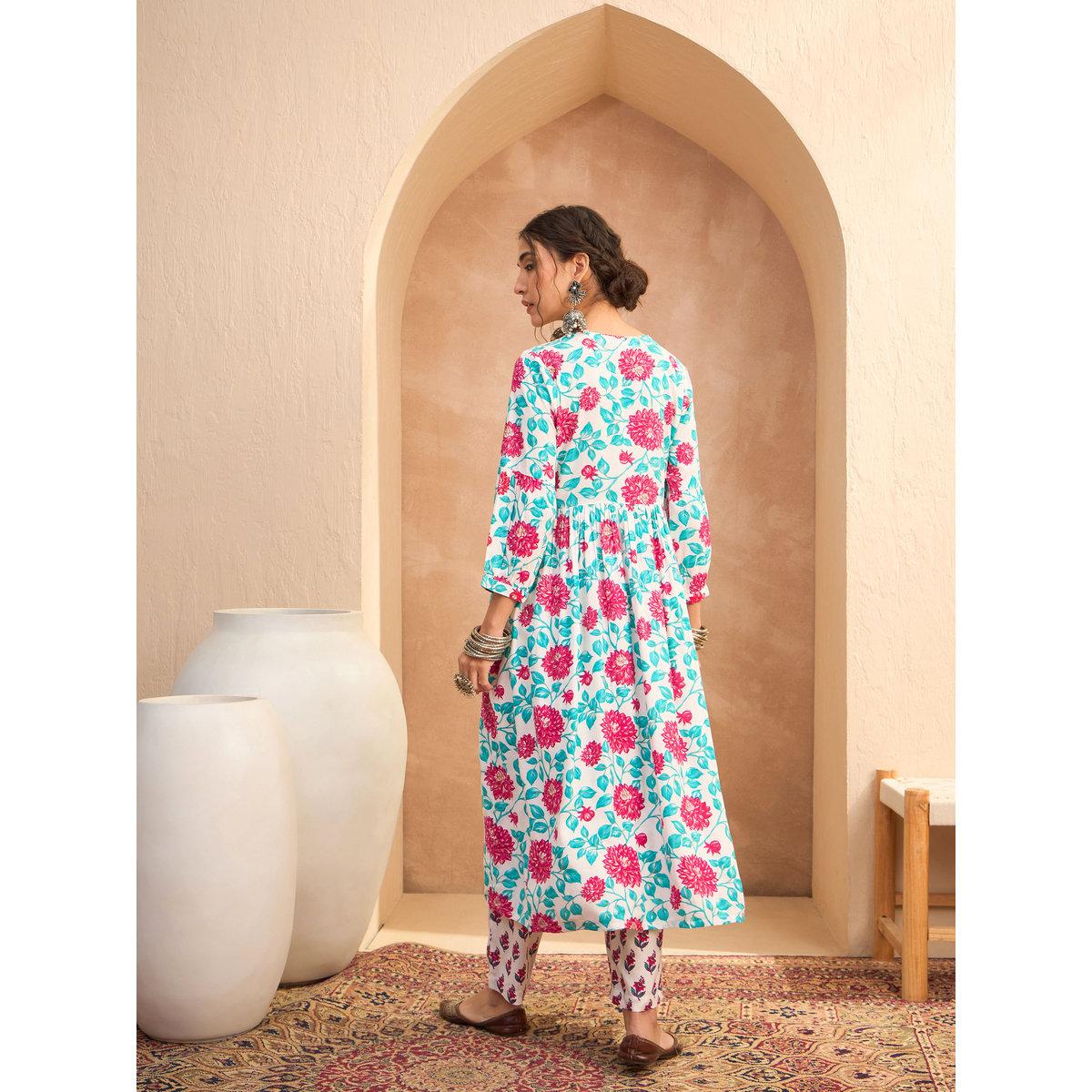 طقم من كورتا بطبعة زهور مع بنطال-women-clothing-ethnicwear-kurtasets-image-7