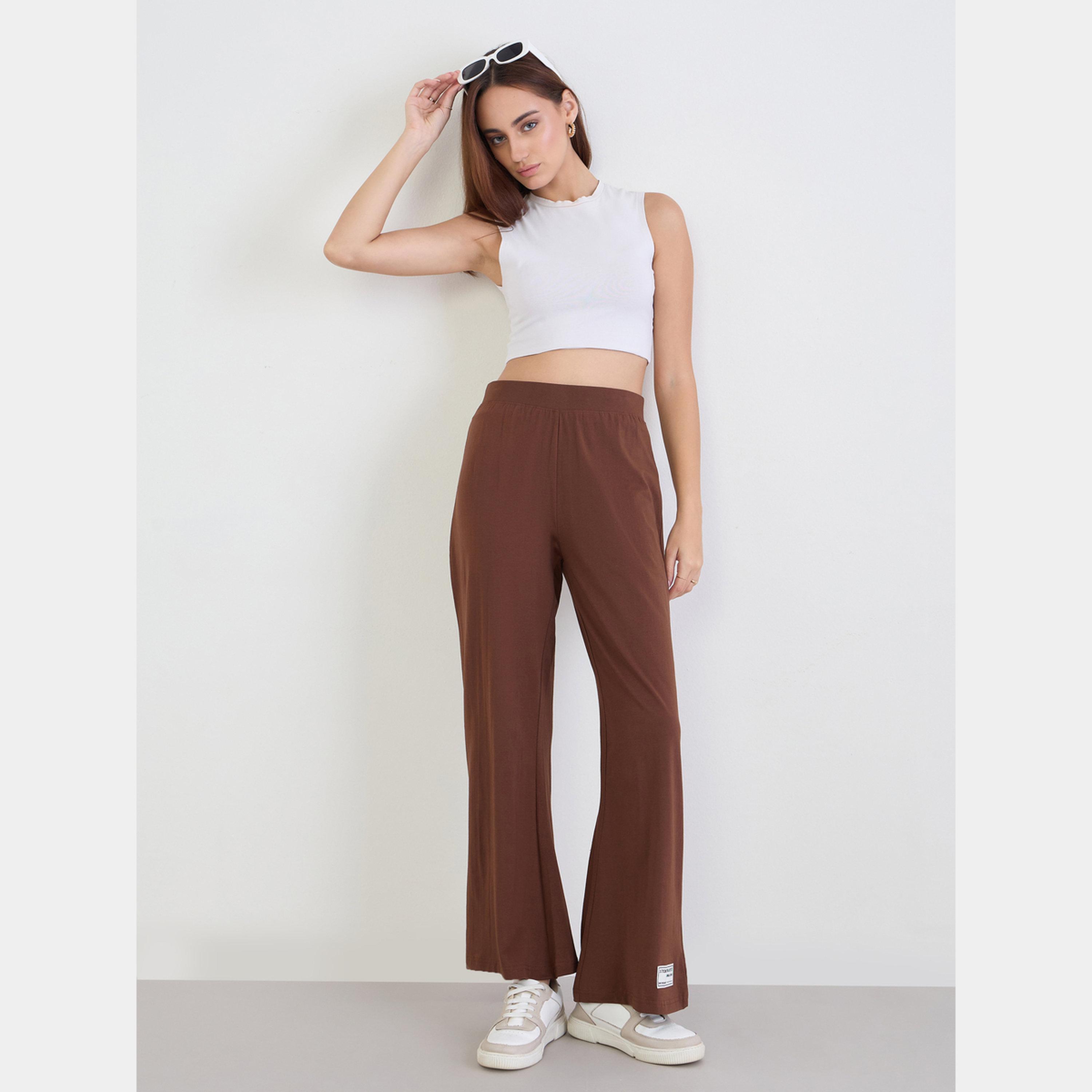 Styli Women Brown Flared Leg Trousers-women-clothing-bottoms-joggers-image-2