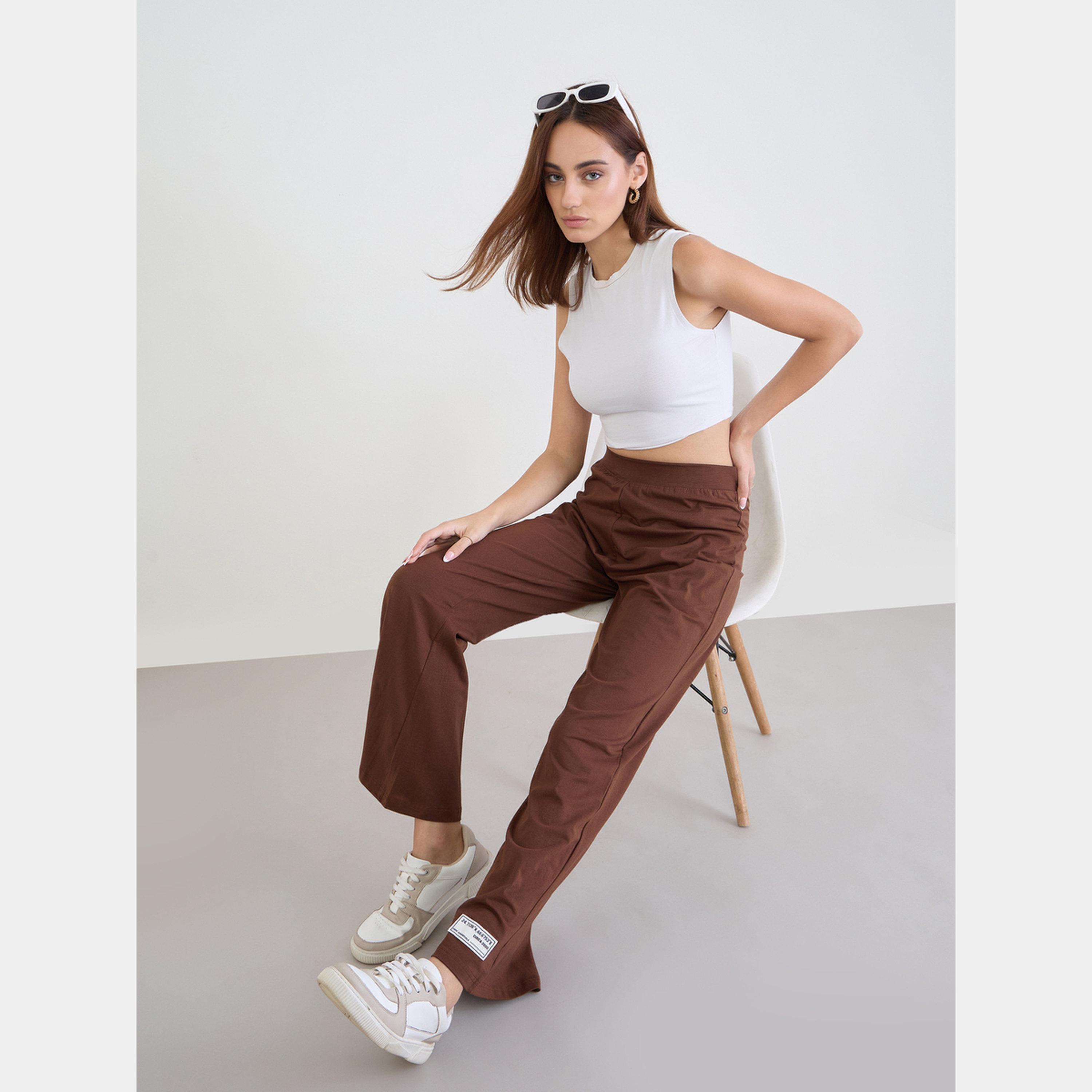 ستايلي - بنطال نسائي بني واسع الساق-women-clothing-bottoms-joggers-image-3