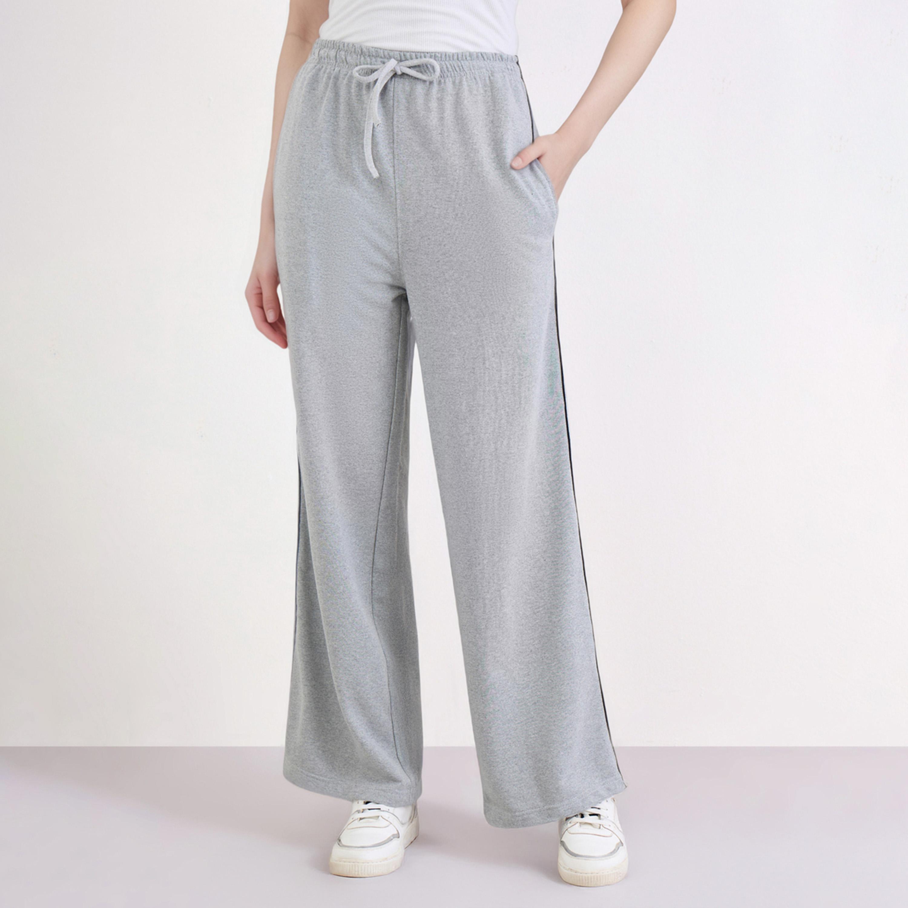 ستايلي - بنطال رياضي رمادي واسع الساق مع تفاصيل حواف-women-clothing-bottoms-joggers-image-1