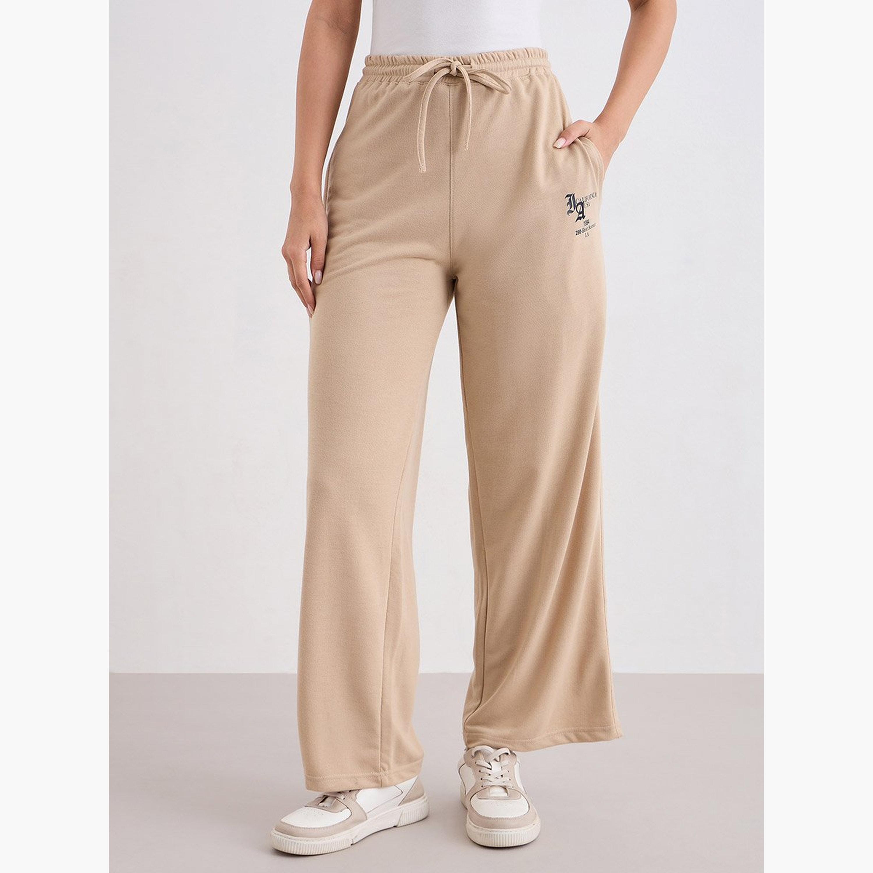 Styli Beige Wide Leg Joggers with Drawstring-women-clothing-bottoms-joggers-image-1