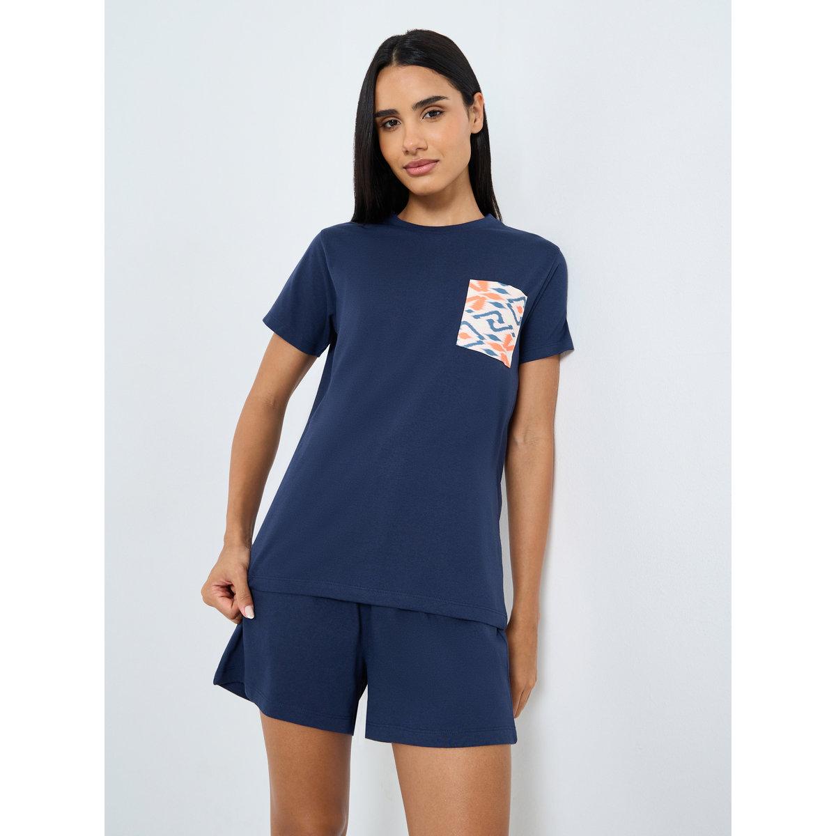 Styli Aztec Pocket T-Shirt and Ruffle Waist Shorts Set-women-clothing-nightwear-pyjamas-shortsets-image-1