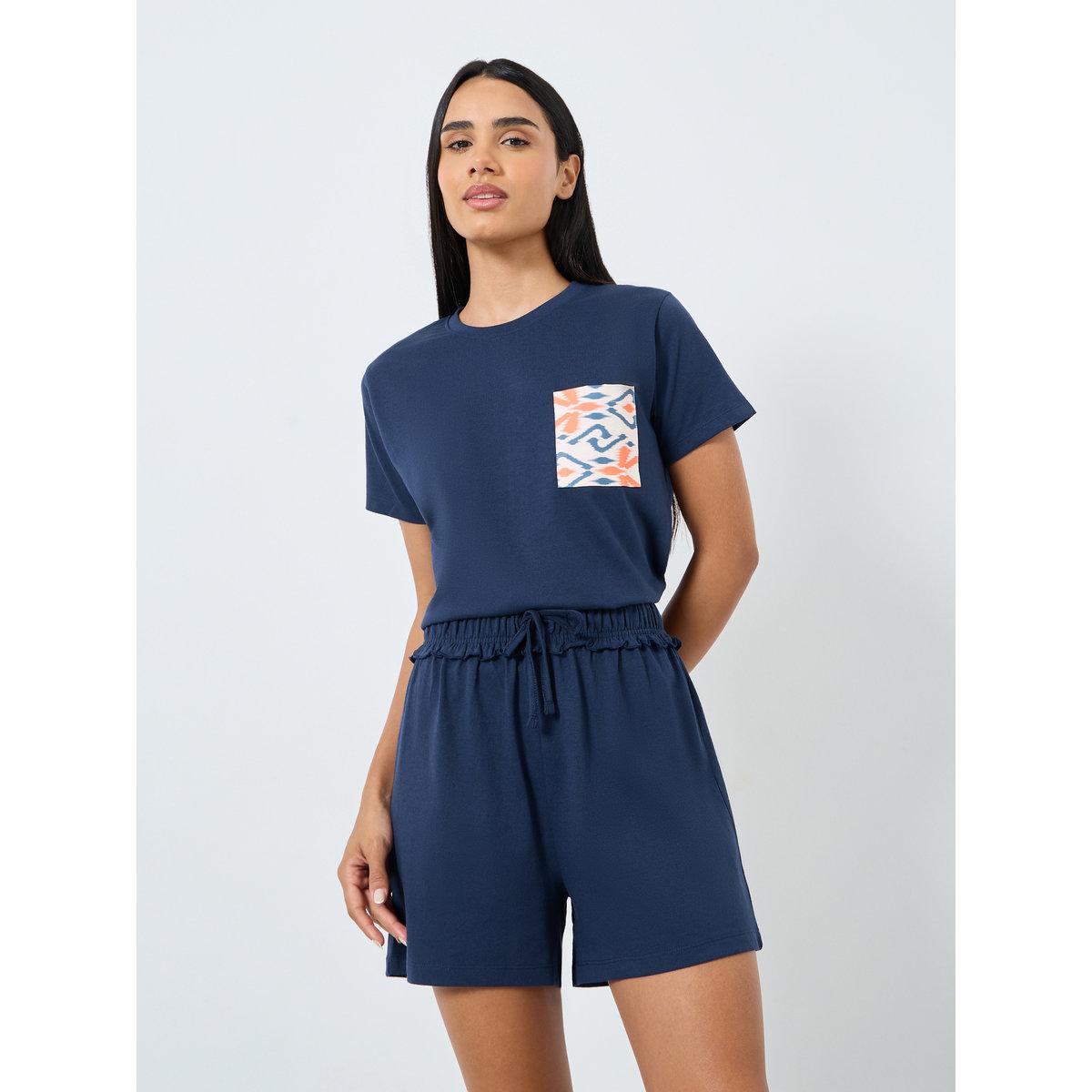 Styli Aztec Pocket T-Shirt and Ruffle Waist Shorts Set-women-clothing-nightwear-pyjamas-shortsets-image-5