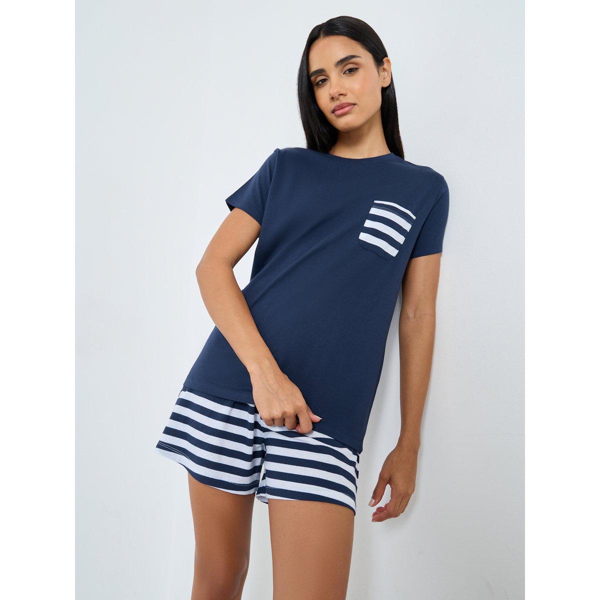 Styli Striped Pocket T-Shirt and Shorts Set-women-clothing-nightwear-pyjamas-shortsets-image-1