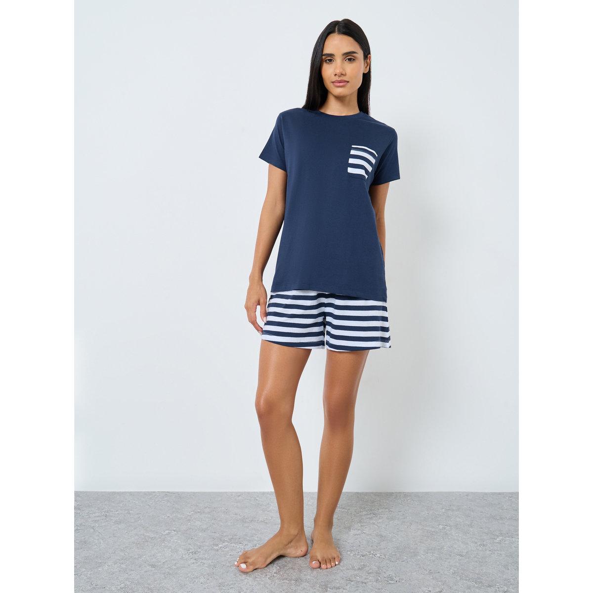 Styli Striped Pocket T-Shirt and Shorts Set-women-clothing-nightwear-pyjamas-shortsets-image-2