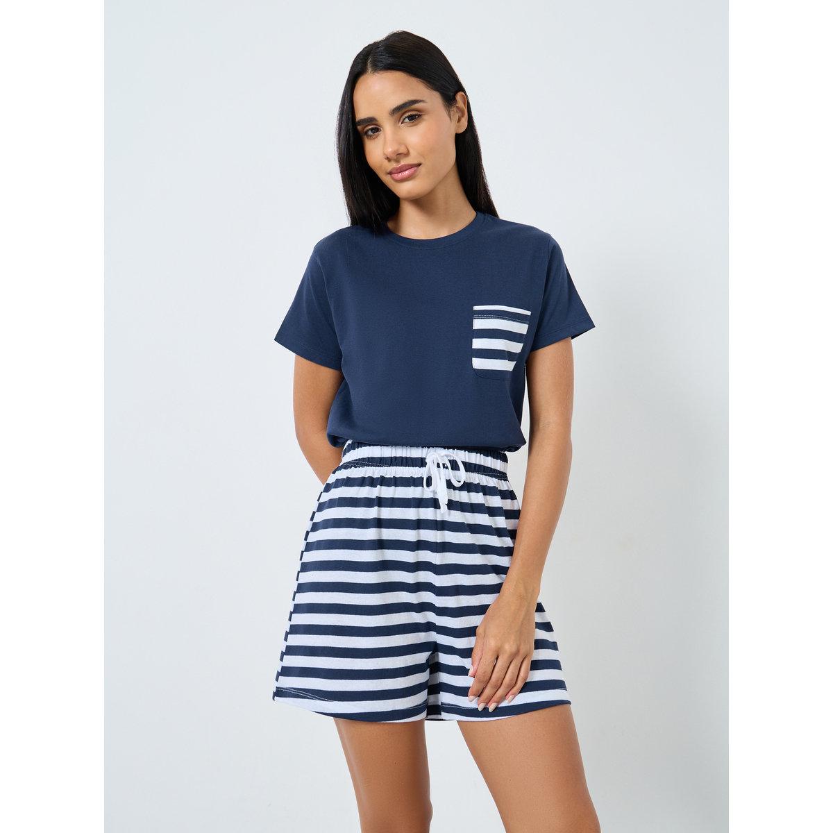 Styli Striped Pocket T-Shirt and Shorts Set-women-clothing-nightwear-pyjamas-shortsets-image-5