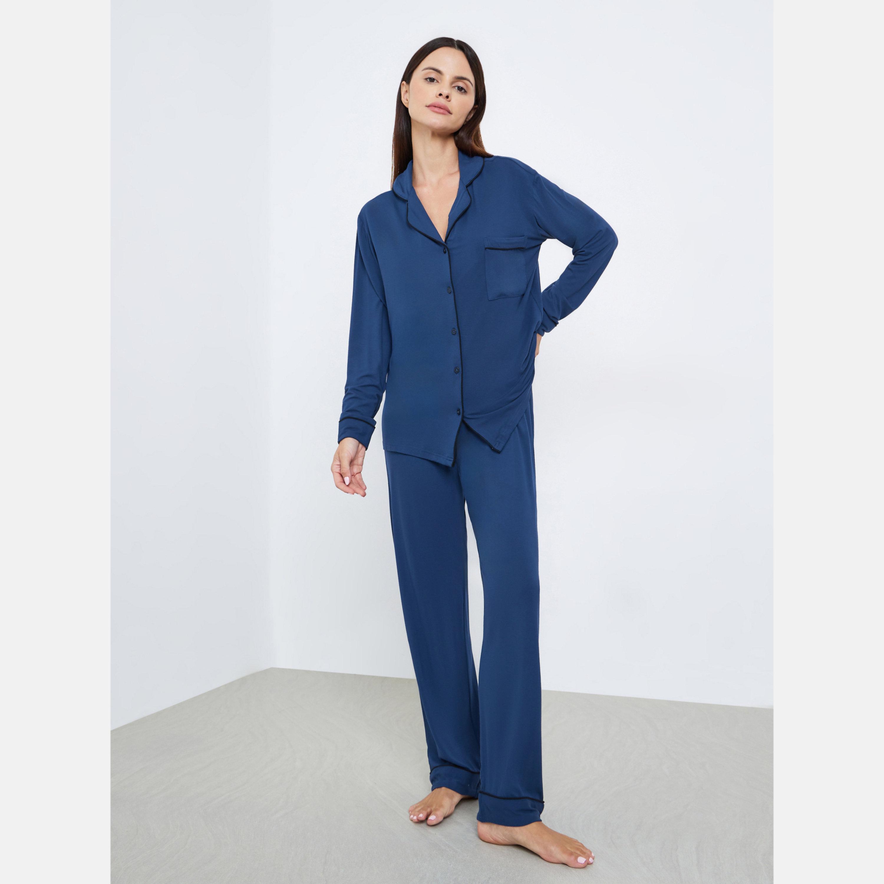 Styli Modal Piped Buttoned Shirt and Pyjama Set-women-clothing-nightwear-pyjamas-longsets-image-1