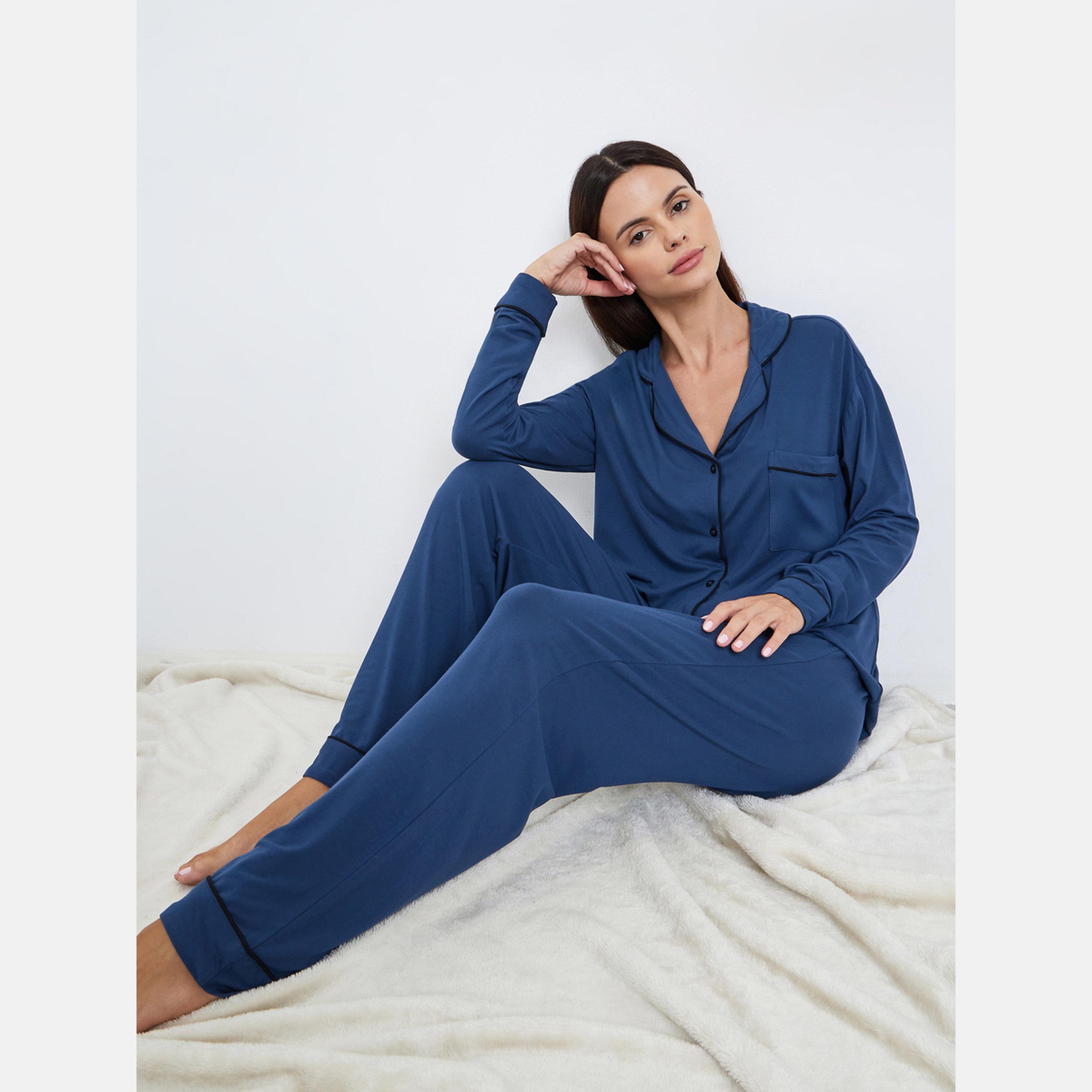 Styli Modal Piped Buttoned Shirt and Pyjama Set-women-clothing-nightwear-pyjamas-longsets-image-2