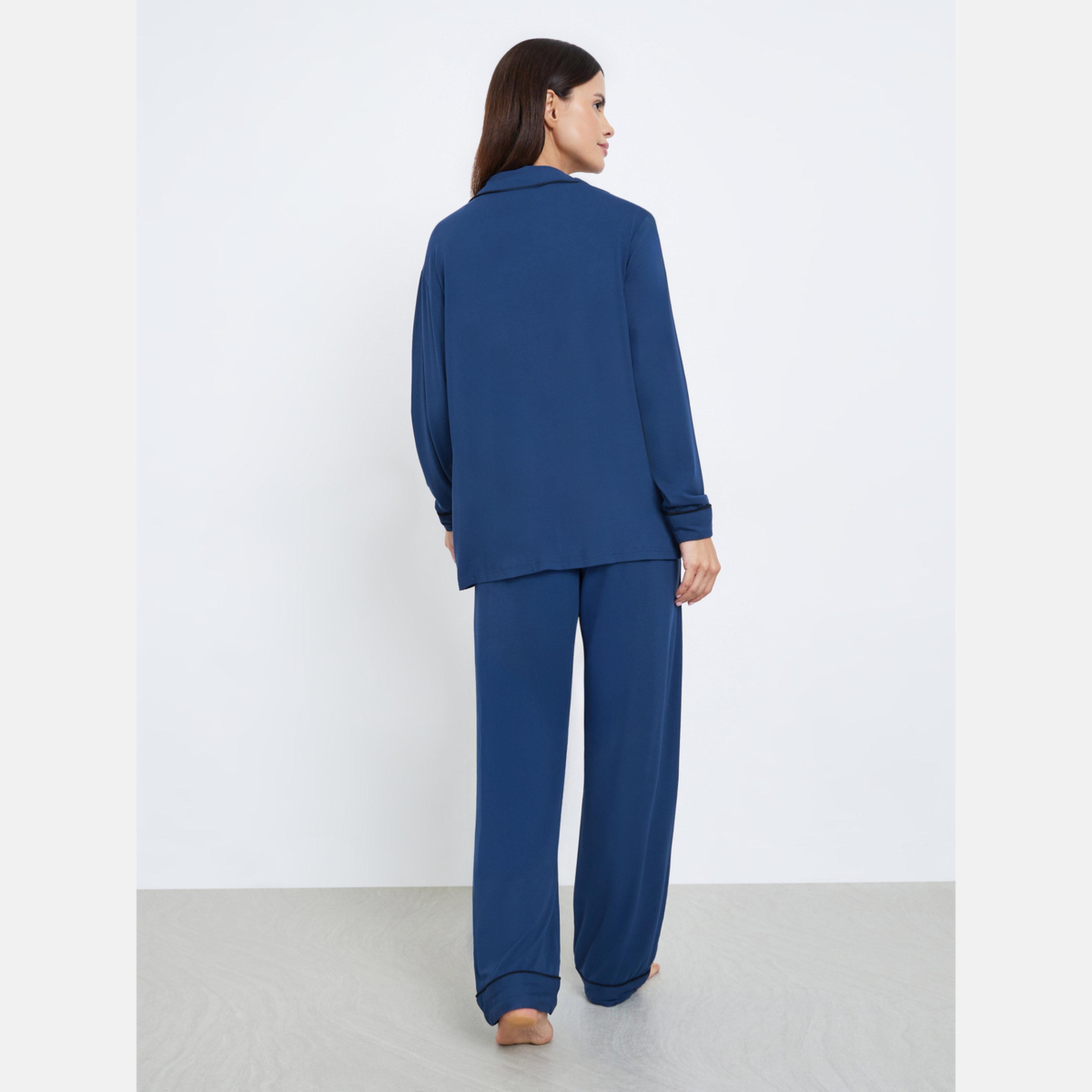 Styli Modal Piped Buttoned Shirt and Pyjama Set-women-clothing-nightwear-pyjamas-longsets-image-5