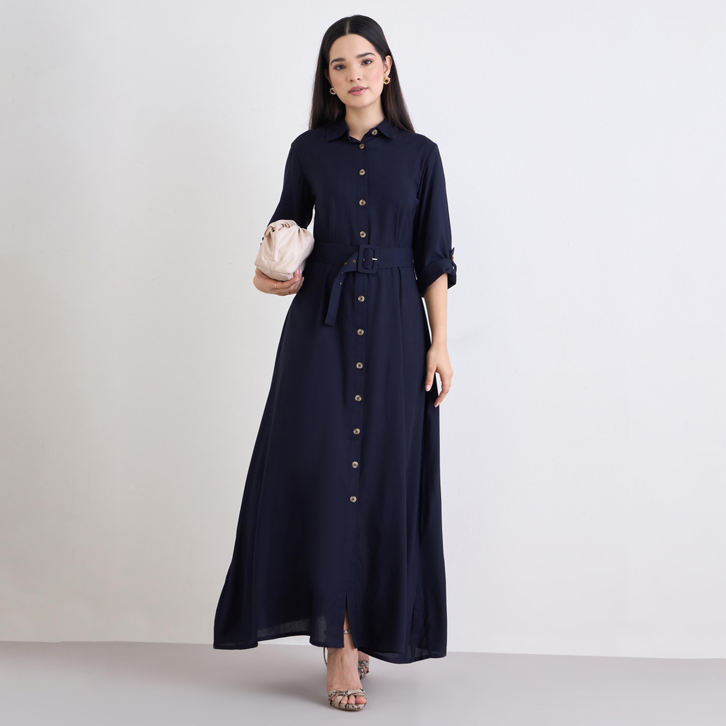ستايلي - فستان ماكسي سادة بأزرار وأكمام بطول ثلاثة أرباع-women-clothing-dresses-image-1