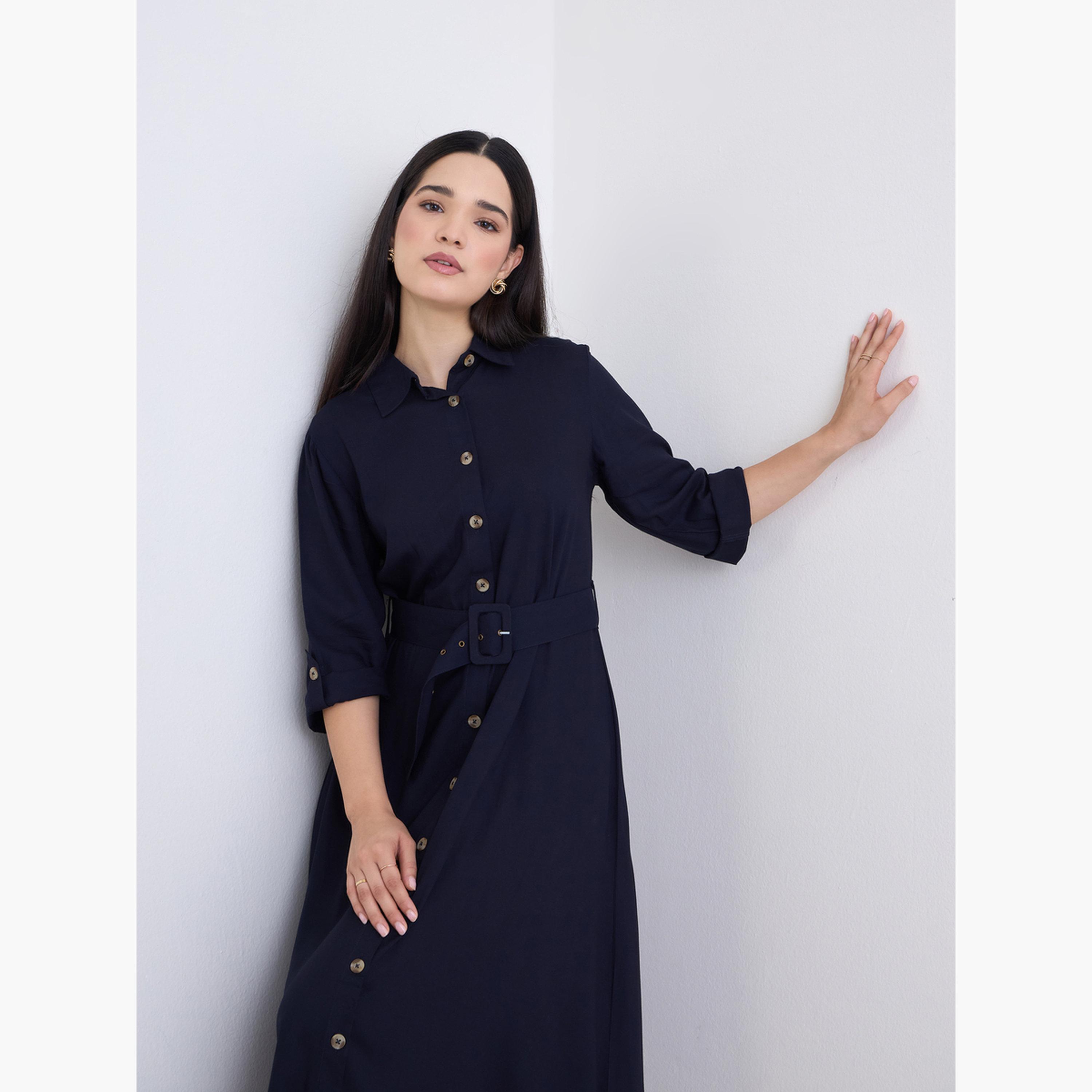 ستايلي - فستان ماكسي سادة بأزرار وأكمام بطول ثلاثة أرباع-women-clothing-dresses-image-2
