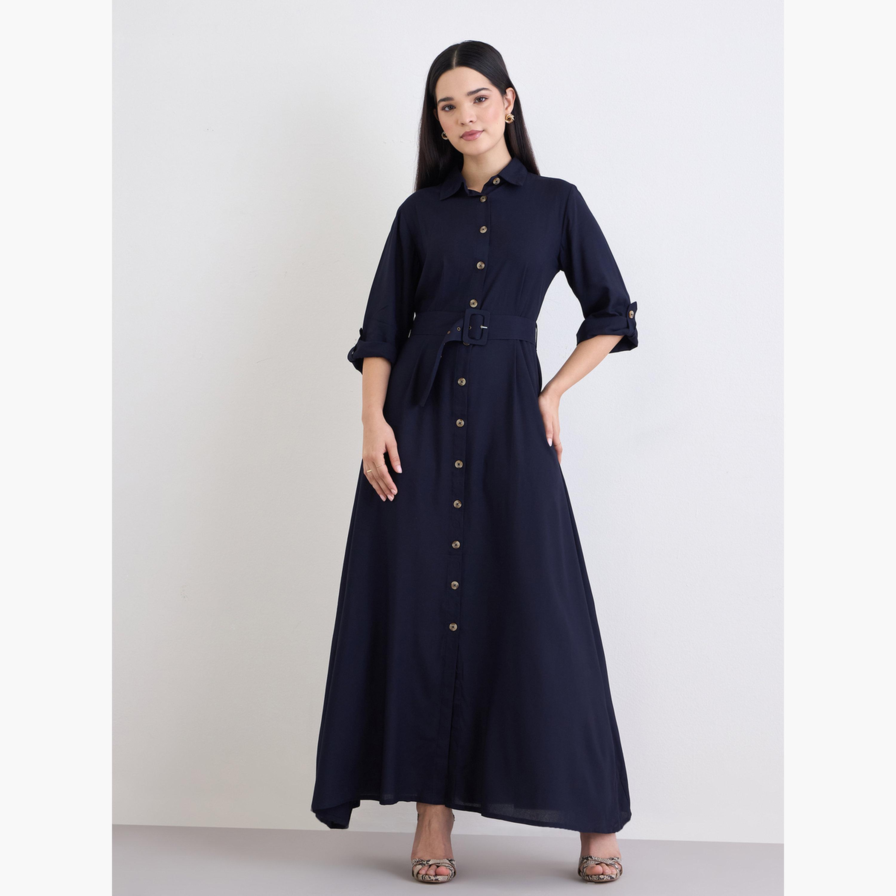 Styli Solid Buttoned Shirt Maxi Dress with 3/4th Sleeves-women-clothing-dresses-image-3