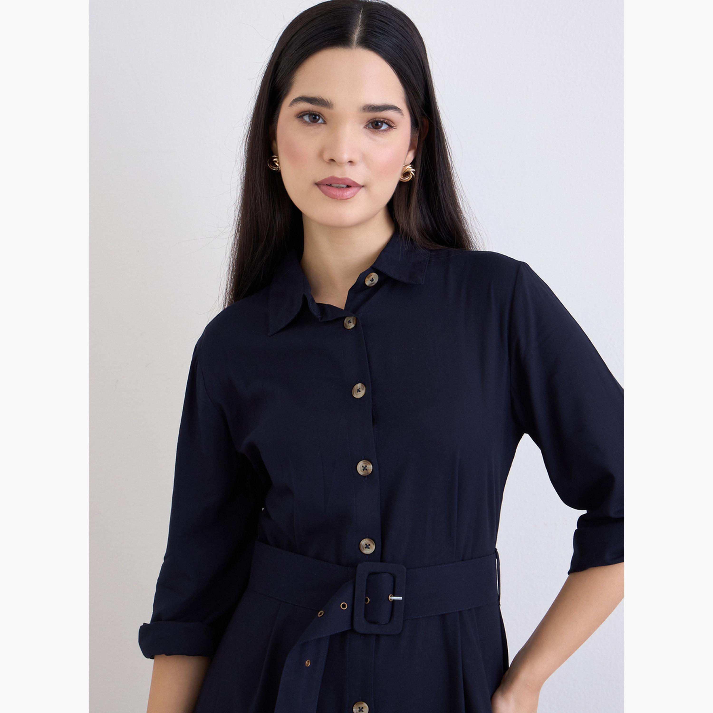 Styli Solid Buttoned Shirt Maxi Dress with 3/4th Sleeves-women-clothing-dresses-image-4