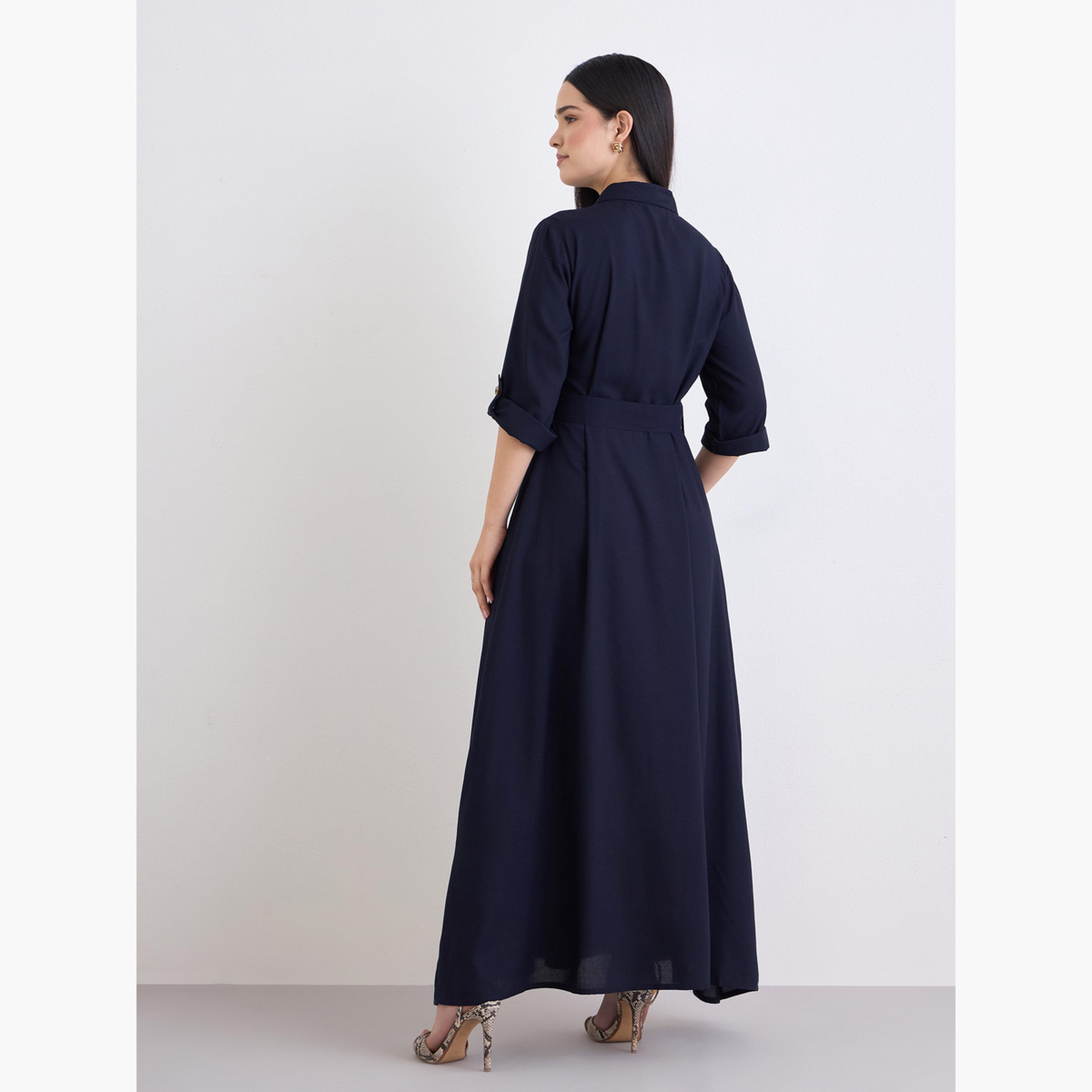Styli Solid Buttoned Shirt Maxi Dress with 3/4th Sleeves-women-clothing-dresses-image-5