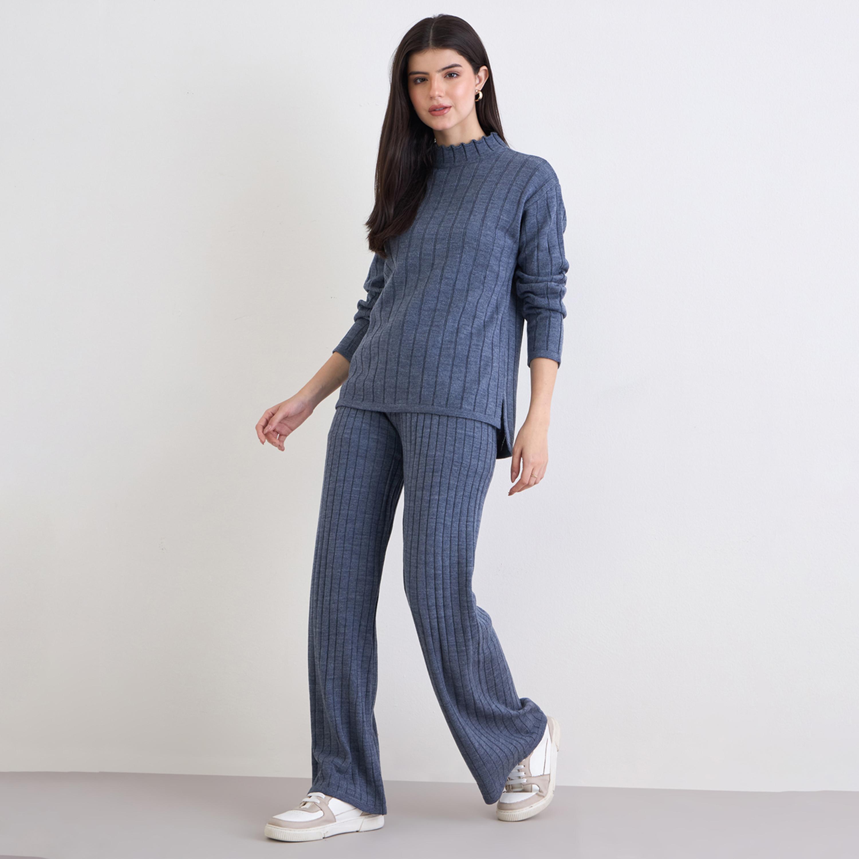 Styli Blue Ribbed Knit Longline Sweater and Pants Co-Ords-women-clothing-coordsets-image-1